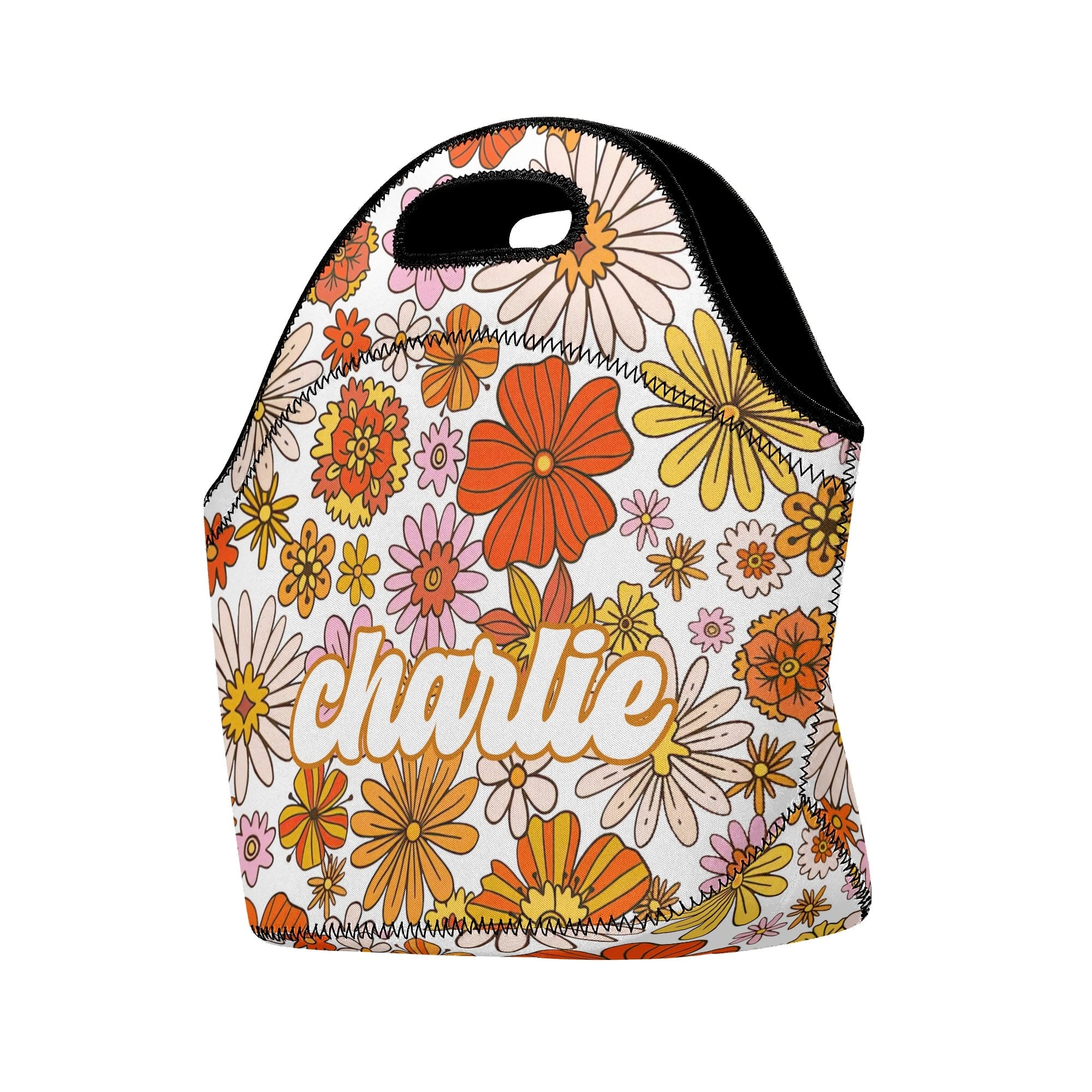Personalised - Vintage Orange Flower - Neoprene Lunch Bag Personalised Neoprene Lunch Bags Plants Printed Offshore Retro