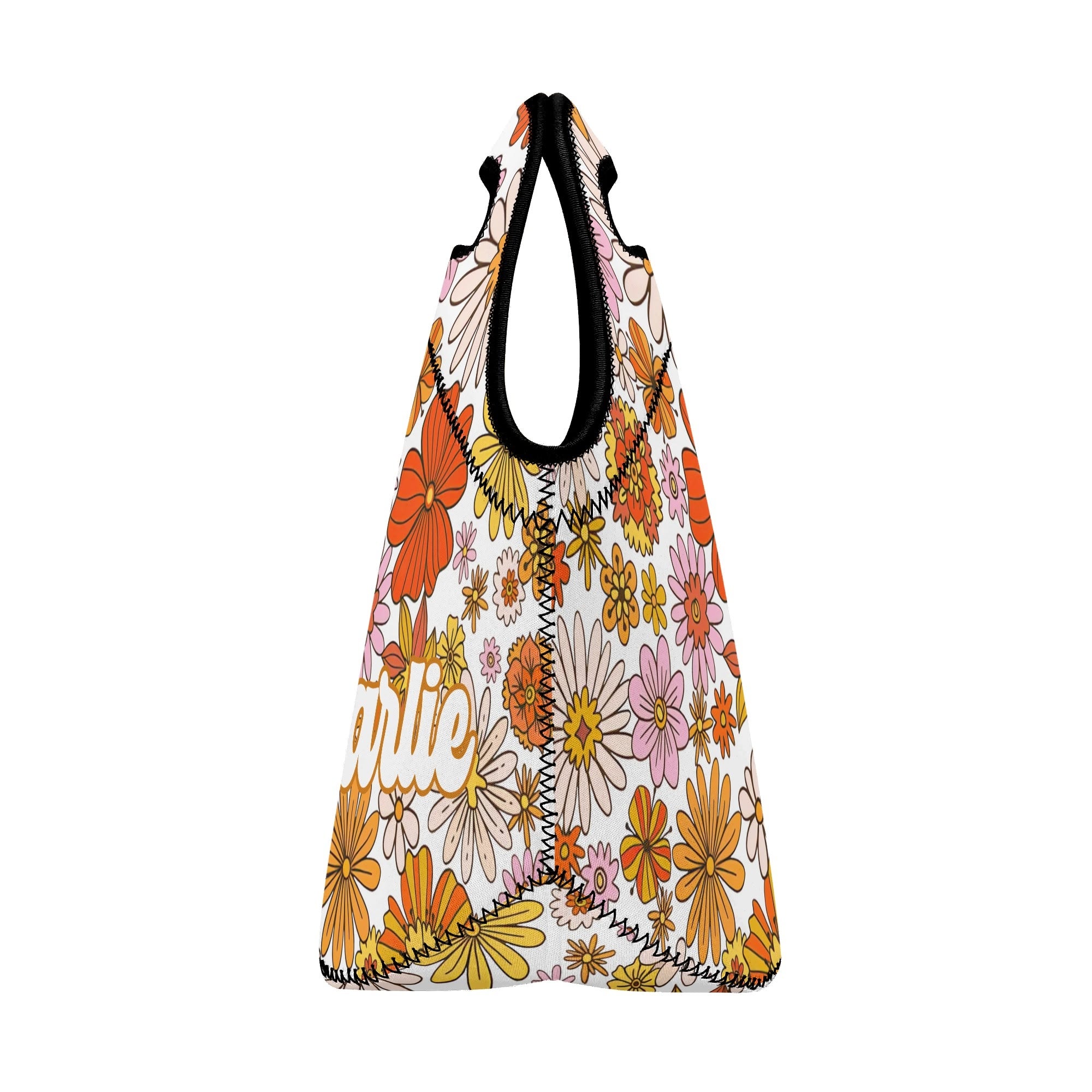 Personalised - Vintage Orange Flower - Neoprene Lunch Bag Personalised Neoprene Lunch Bags Plants Printed Offshore Retro