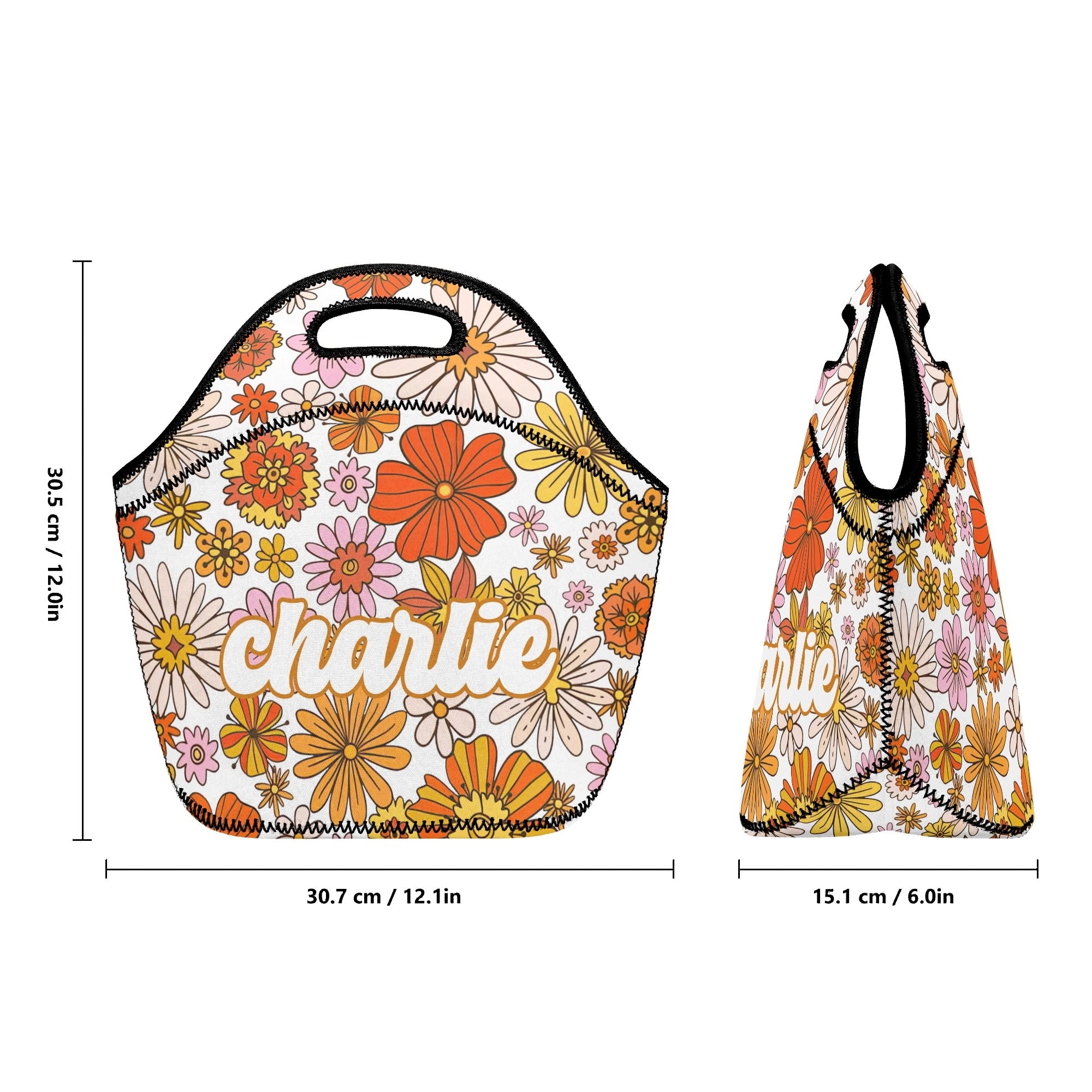 Personalised - Vintage Orange Flower - Neoprene Lunch Bag Personalised Neoprene Lunch Bags Plants Printed Offshore Retro