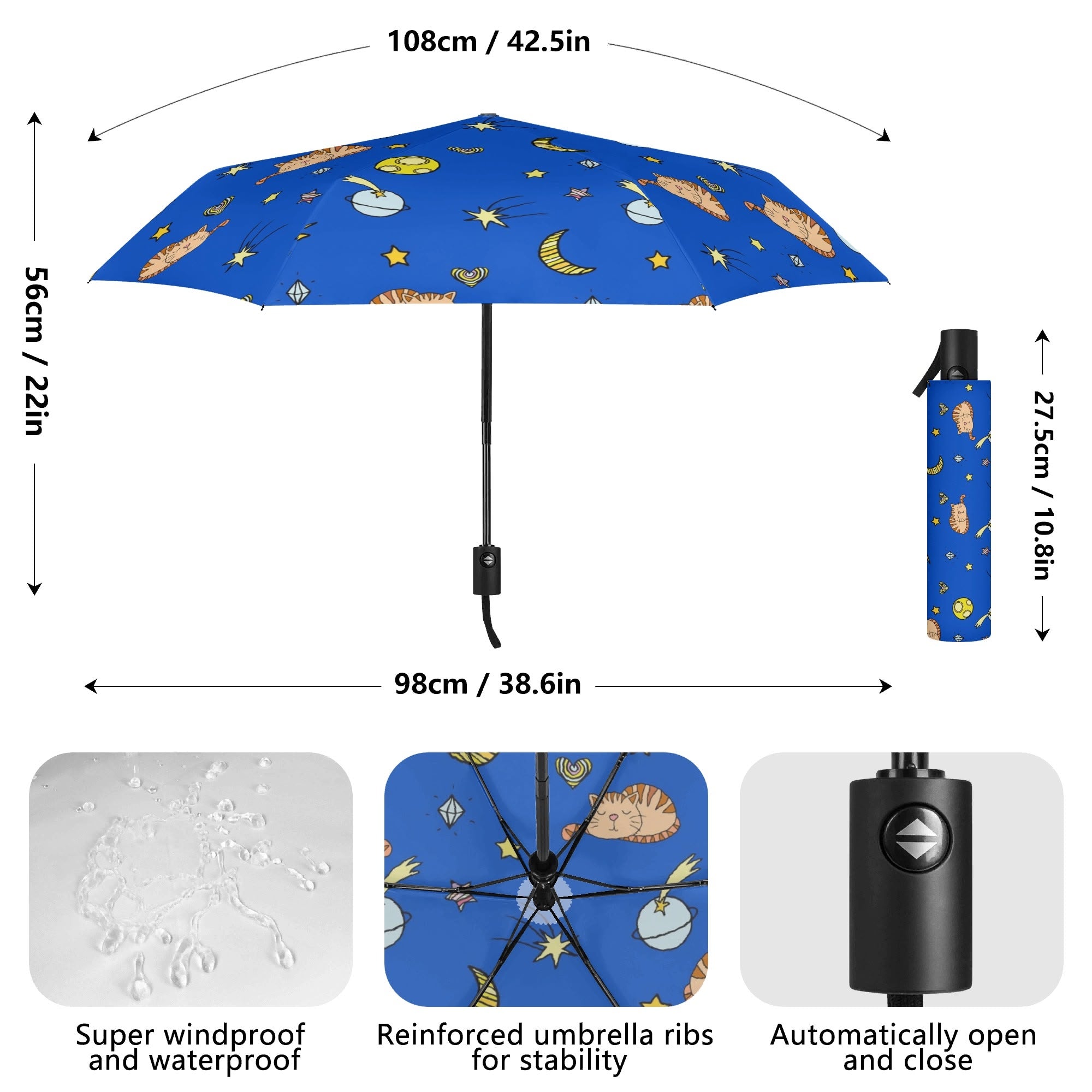 Cats In Space Compact Automatic Umbrella Compact Automatic Umbrella animal Printed Offshore Space