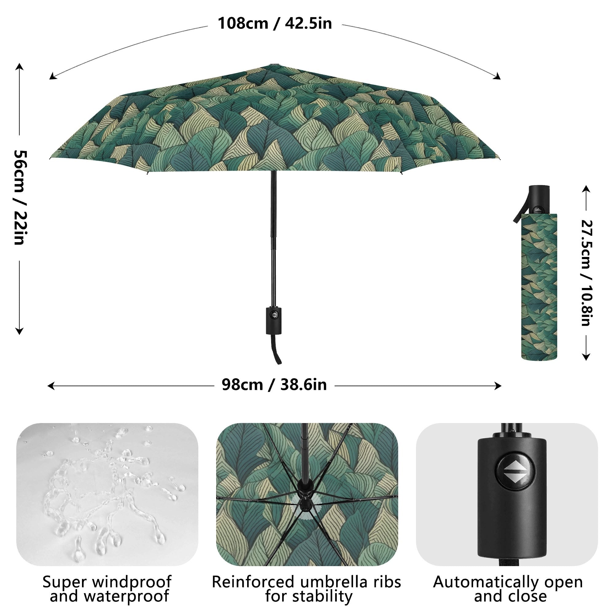 Leaf Pattern Compact Automatic Umbrella Compact Automatic Umbrella Plants Printed Offshore