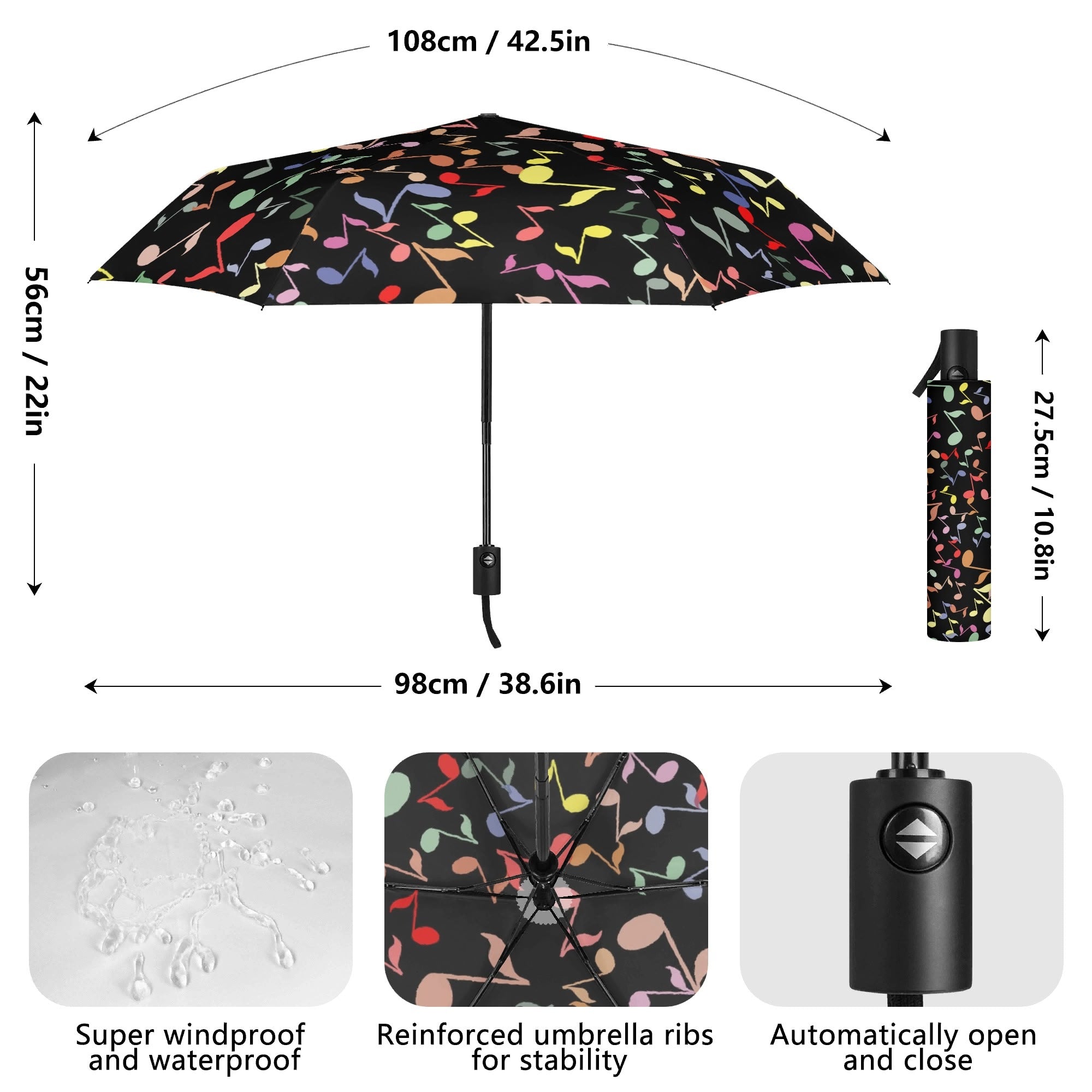 Quavers, Music Notes Compact Automatic Umbrella Compact Automatic Umbrella Music Printed Offshore