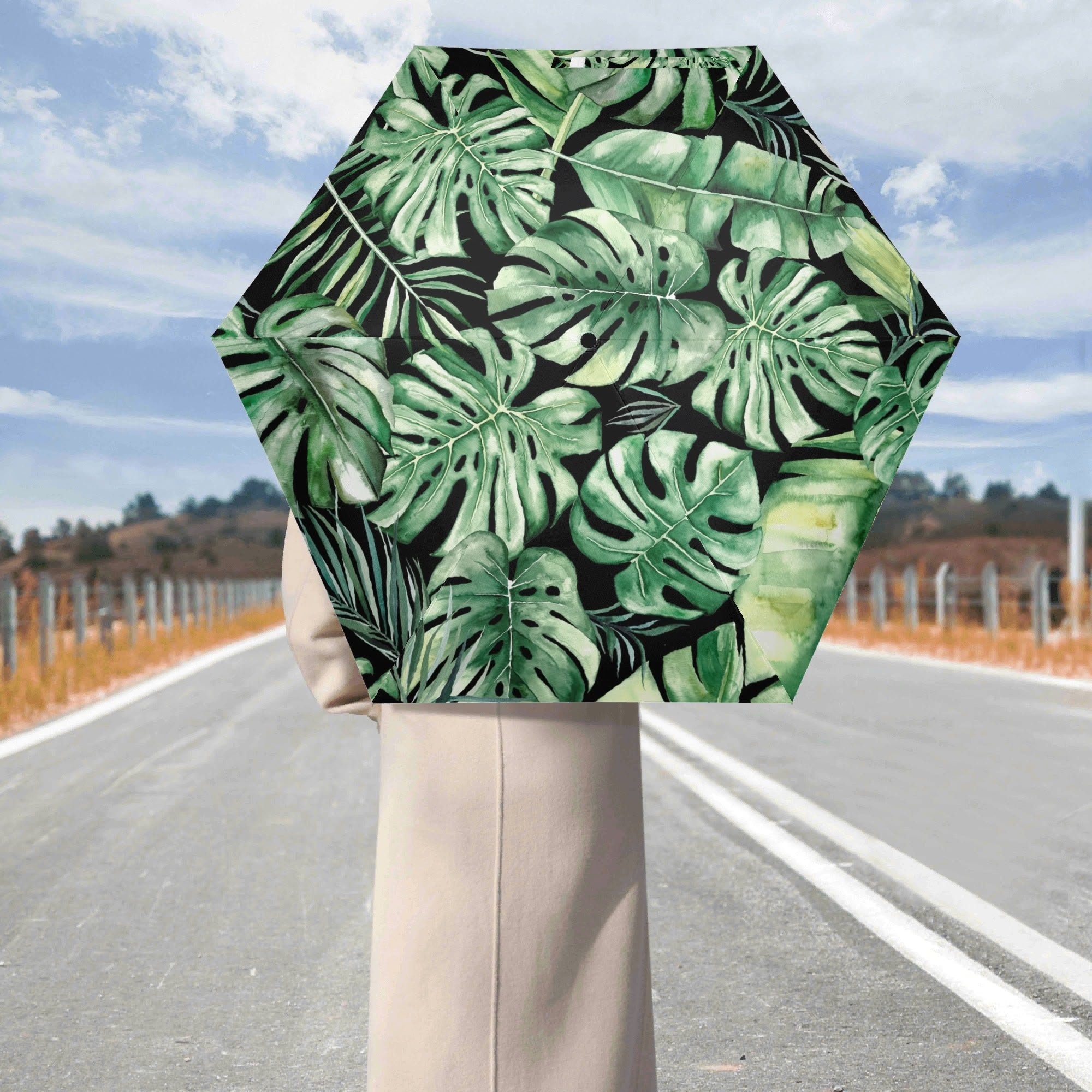 Jungle Leaves Compact Automatic Umbrella Compact Automatic Umbrella Plants Printed Offshore