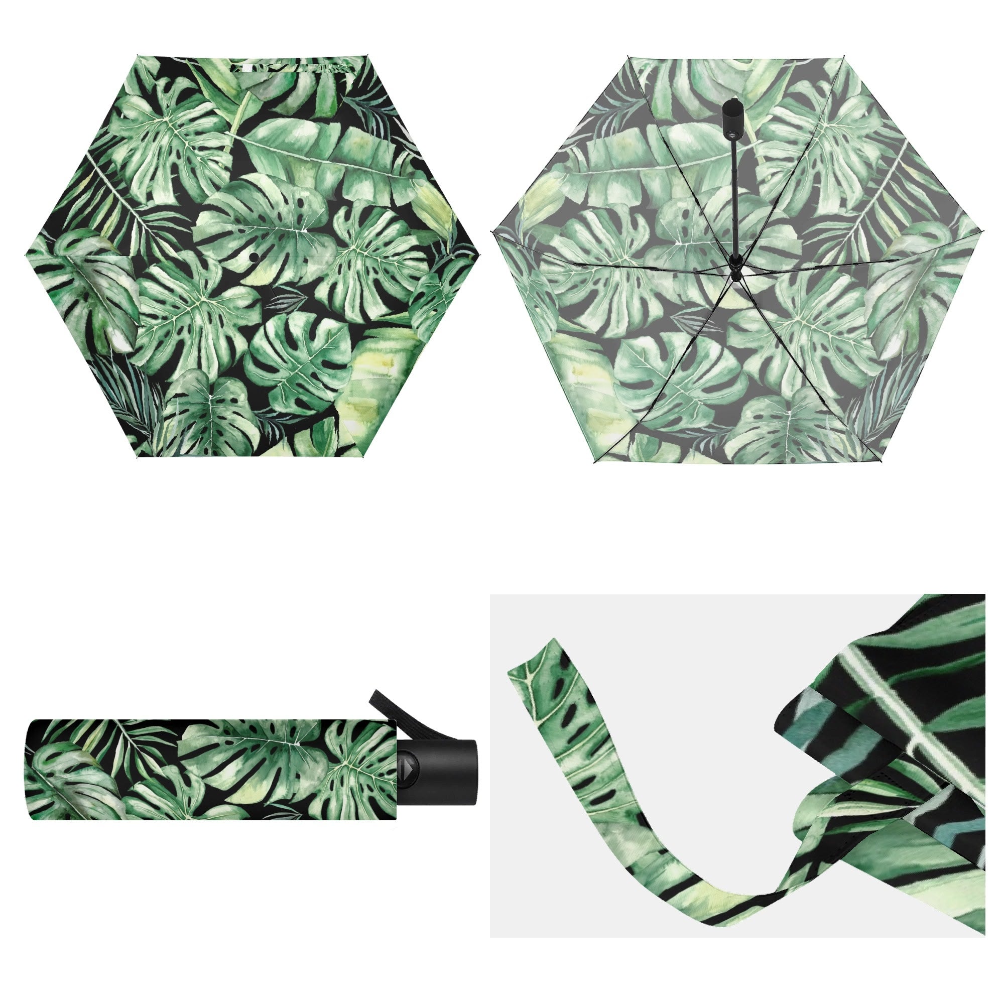 Jungle Leaves Compact Automatic Umbrella Compact Automatic Umbrella Plants Printed Offshore