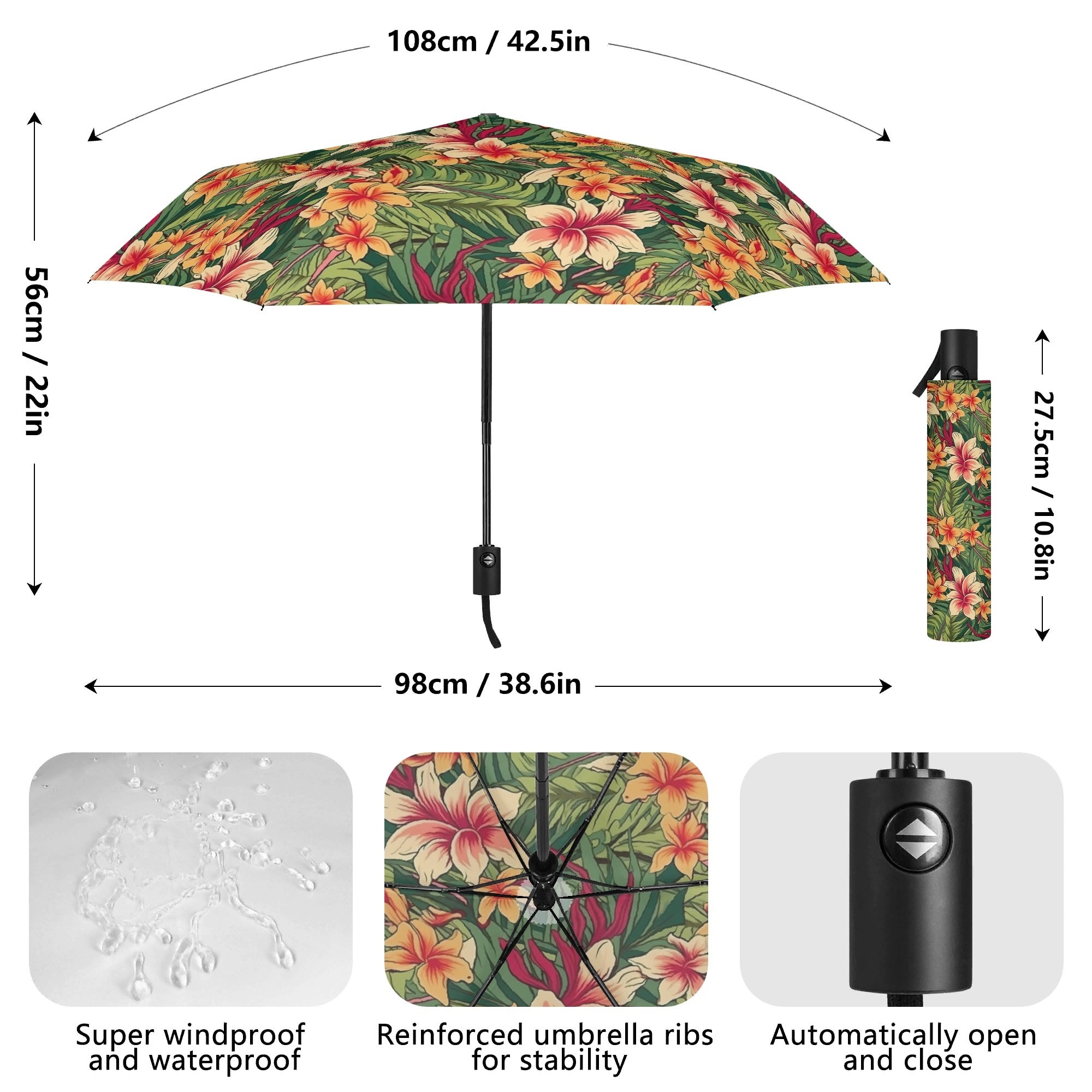Vintage Hawaiian Floral Compact Automatic Umbrella Compact Automatic Umbrella Plants Printed Offshore