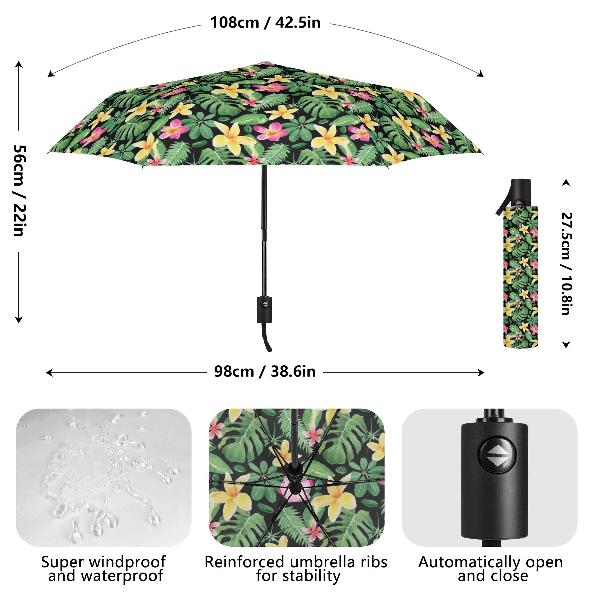 Frangipani Compact Automatic Umbrella Compact Automatic Umbrella Plants Printed Offshore