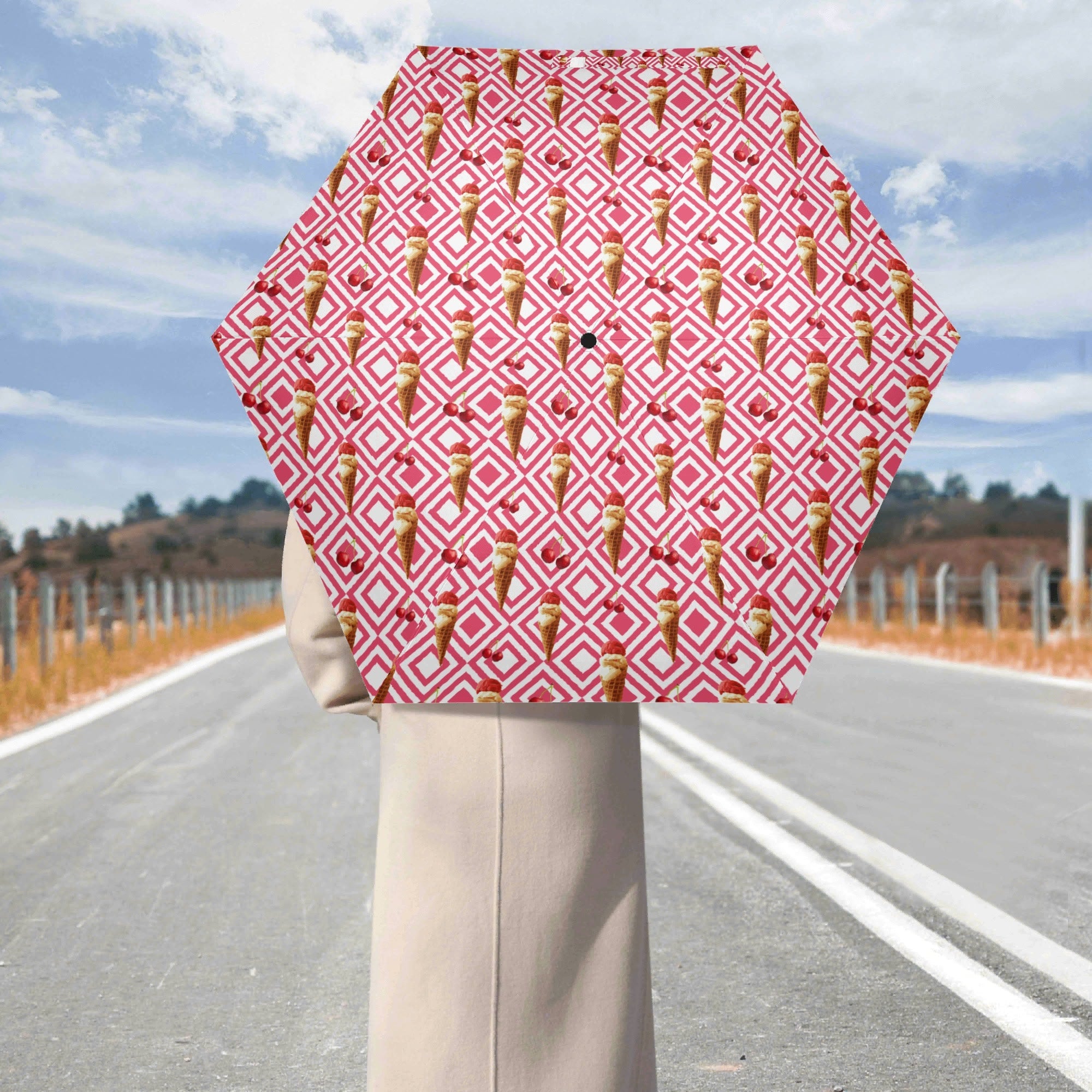 Cherry Ice Cream Compact Automatic Umbrella Compact Automatic Umbrella Food Printed Offshore