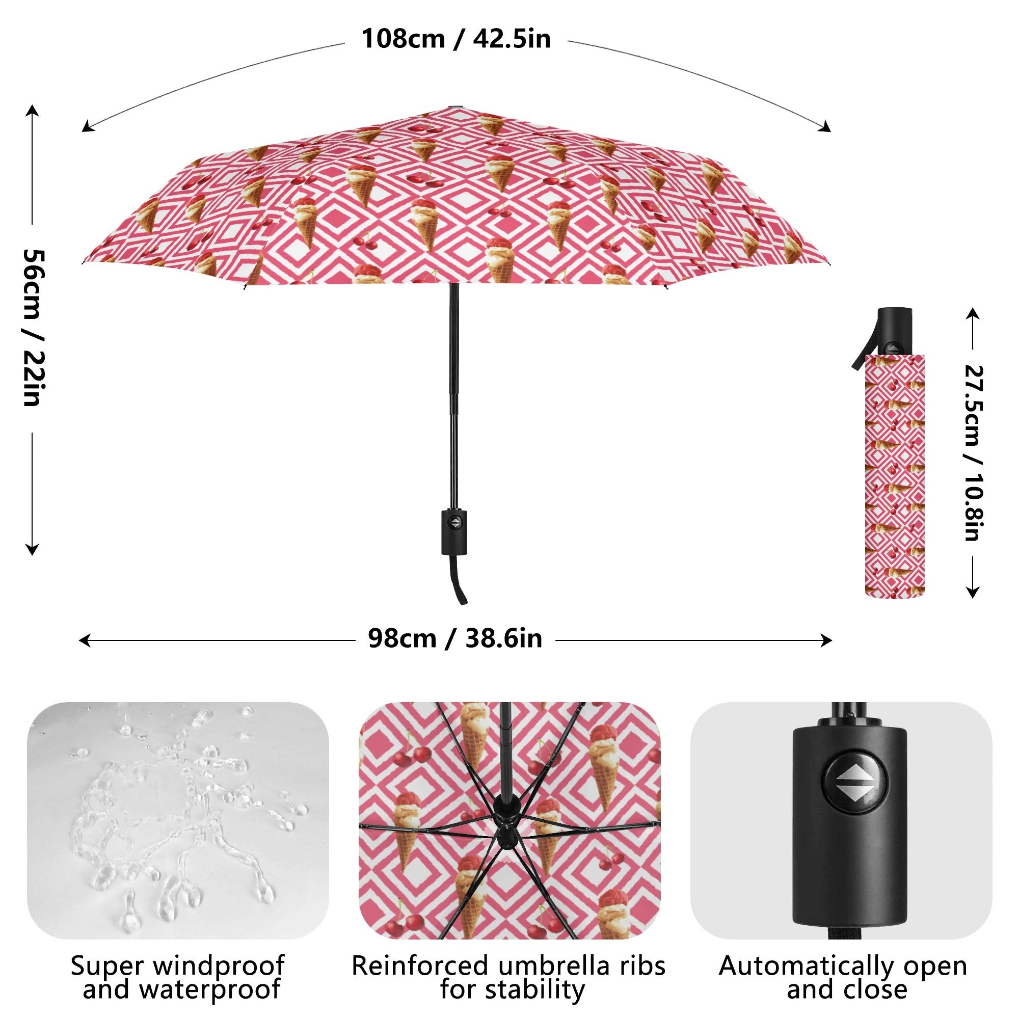 Cherry Ice Cream Compact Automatic Umbrella Compact Automatic Umbrella Food Printed Offshore
