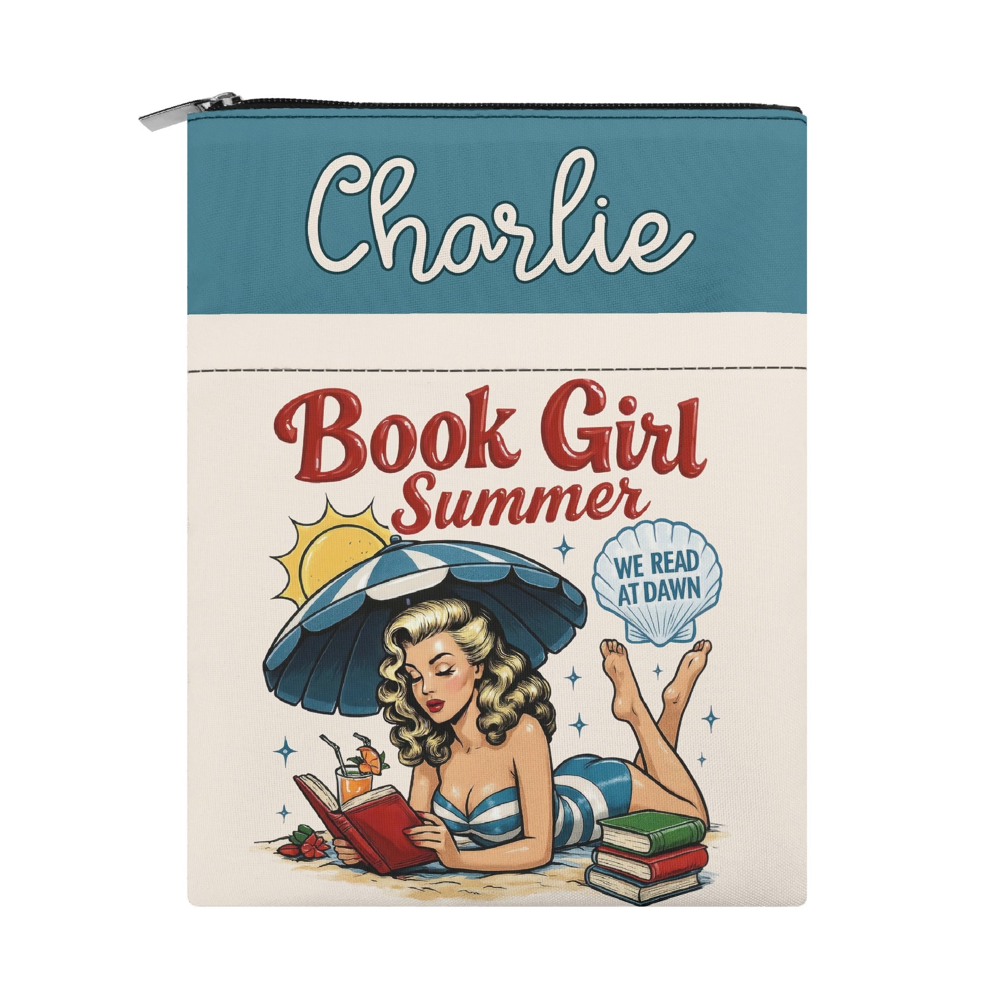 Personalised - Book Girl Summer - Book Sleeve / Book Cover Protector with Zipper Personalised Book Sleeve / Cover Printed Offshore Reading Summer