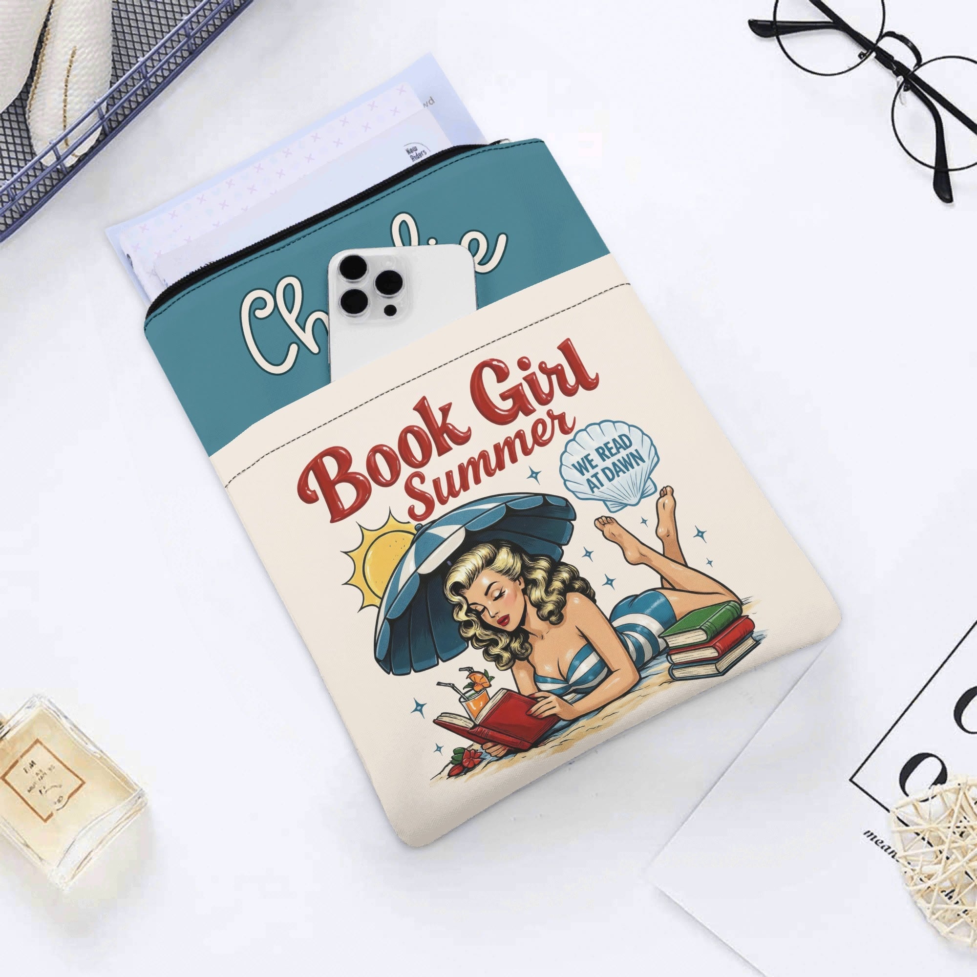 Personalised - Book Girl Summer - Book Sleeve / Book Cover Protector with Zipper Personalised Book Sleeve / Cover Printed Offshore Reading Summer
