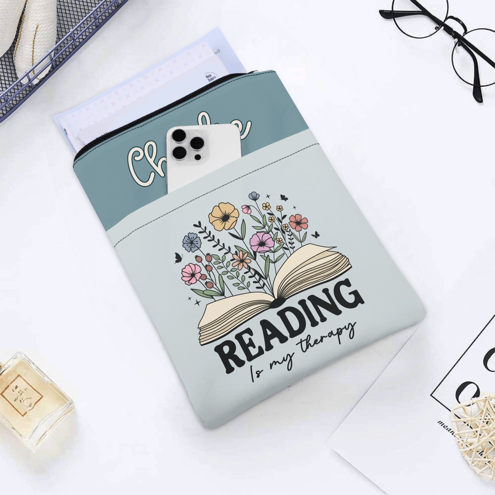Personalised - Reading Is My Therapy - Book Sleeve / Book Cover Protector with Zipper Personalised Book Sleeve / Cover Printed Offshore Reading