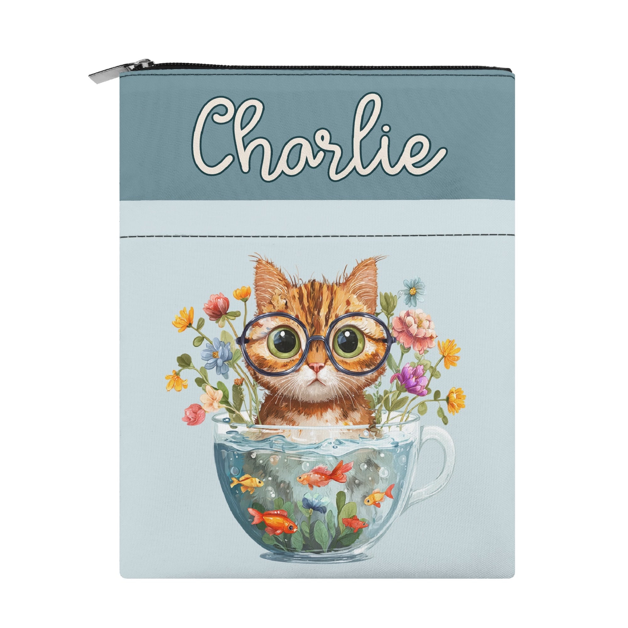 Personalised Cute Cat In Fish Bowl Book Sleeve / Book Cover Protector with Zipper Personalised Book Sleeve / Cover animal Printed Offshore