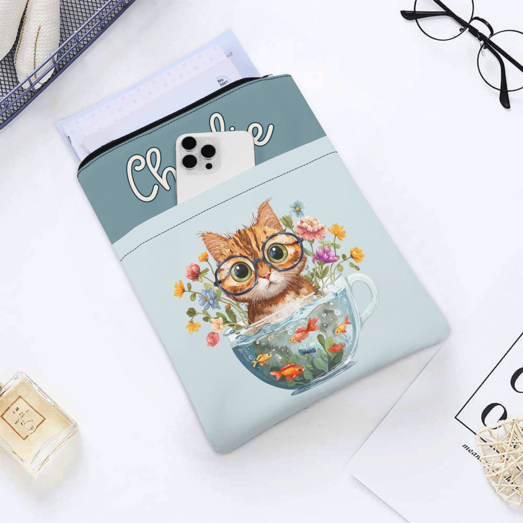 Personalised Cute Cat In Fish Bowl Book Sleeve / Book Cover Protector with Zipper Personalised Book Sleeve / Cover animal Printed Offshore