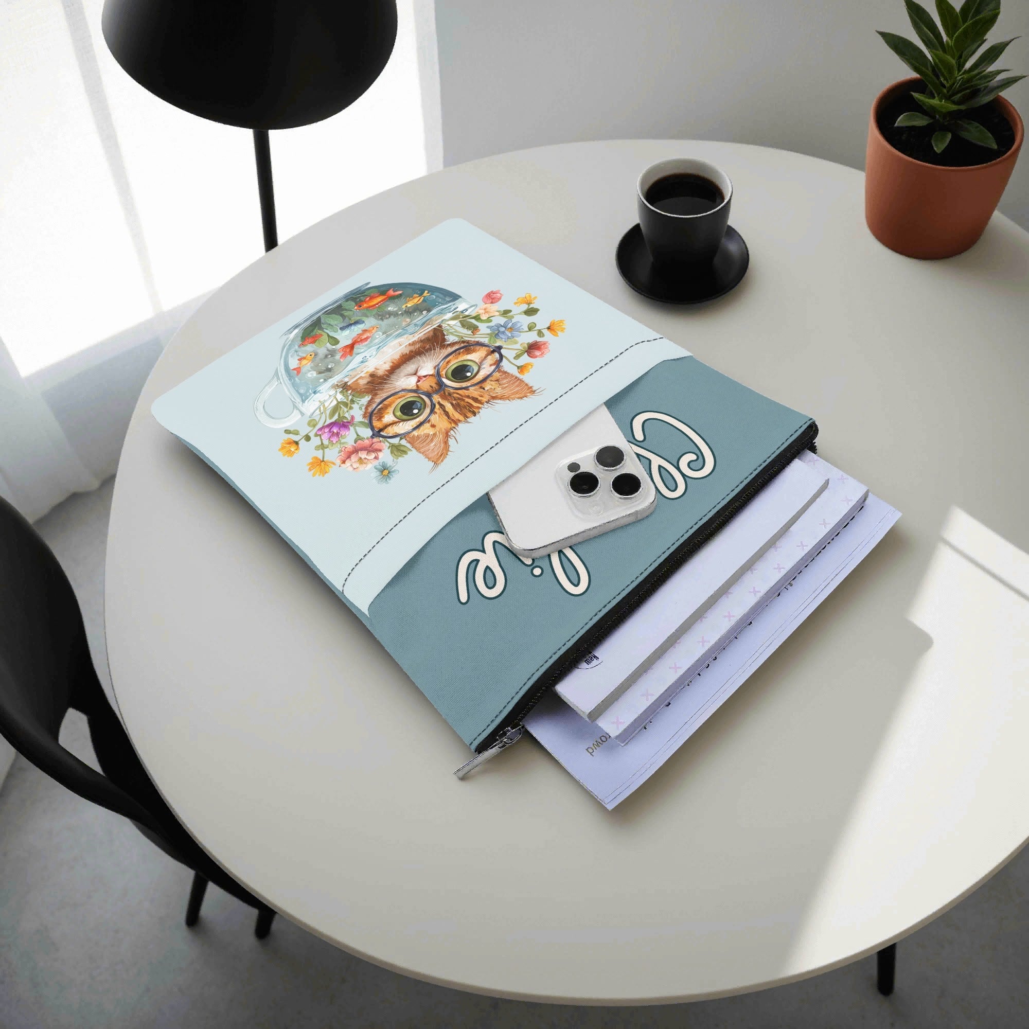Personalised Cute Cat In Fish Bowl Book Sleeve / Book Cover Protector with Zipper Personalised Book Sleeve / Cover animal Printed Offshore
