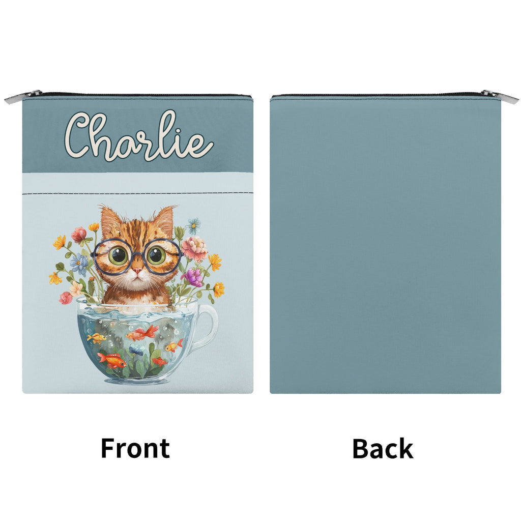 Personalised Cute Cat In Fish Bowl Book Sleeve / Book Cover Protector with Zipper Personalised Book Sleeve / Cover animal Printed Offshore