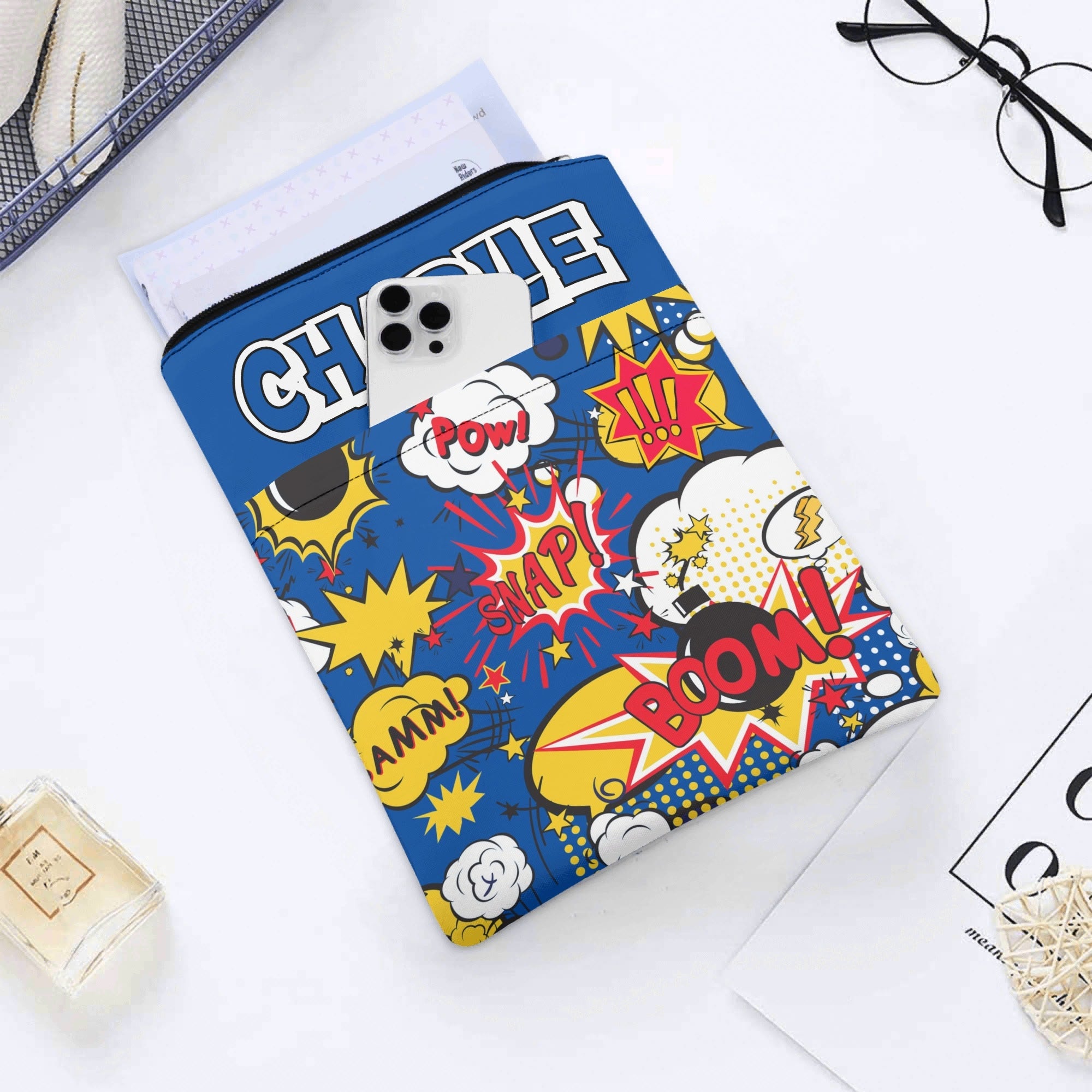 Personalised - Comic Book Blue - Book Sleeve / Book Cover Protector with Zipper Personalised Book Sleeve / Cover comic Printed Offshore