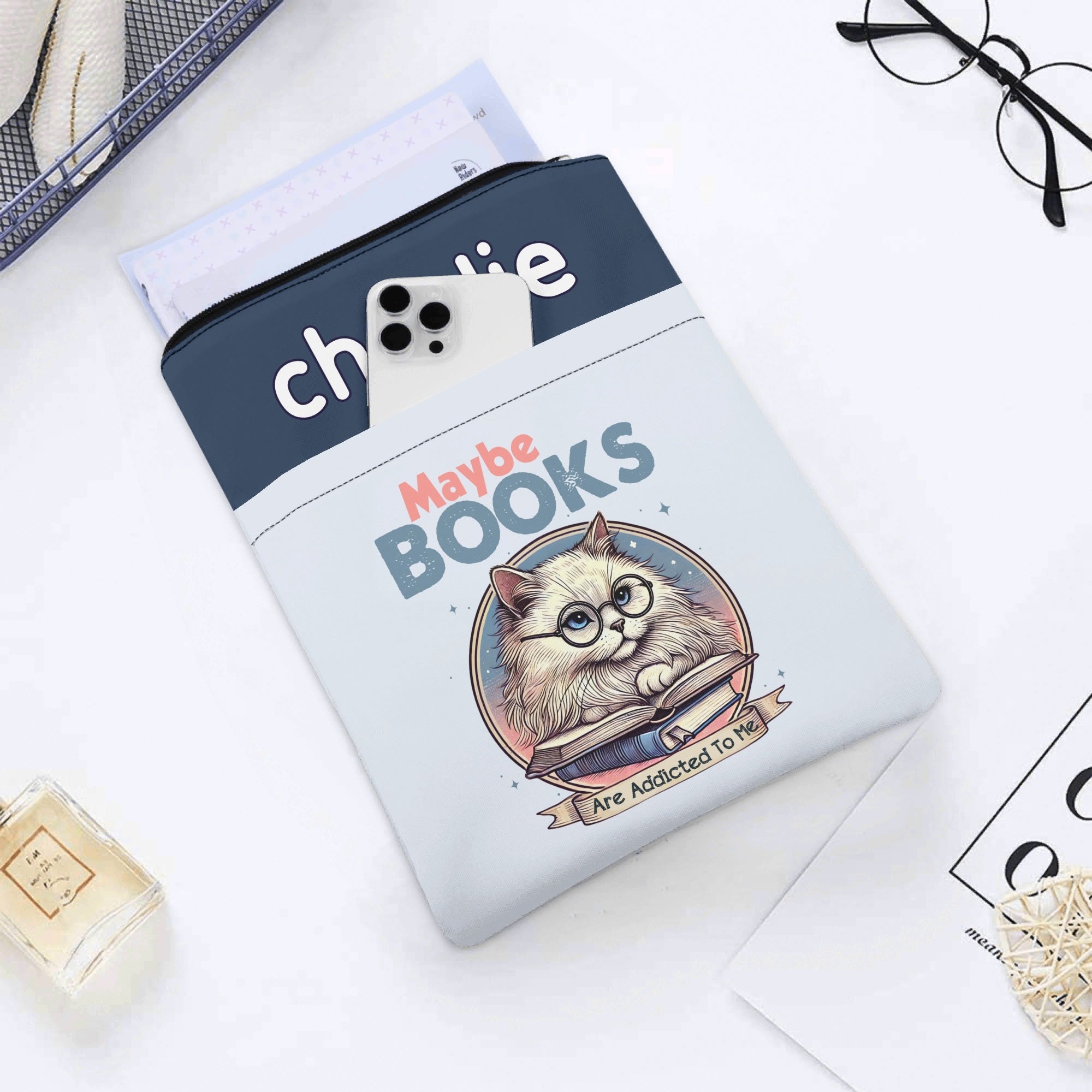 Personalised - Maybe Books Are Addicted To Me, Cat - Book Sleeve / Book Cover Protector with Zipper Personalised Book Sleeve / Cover animal Printed Offshore Reading