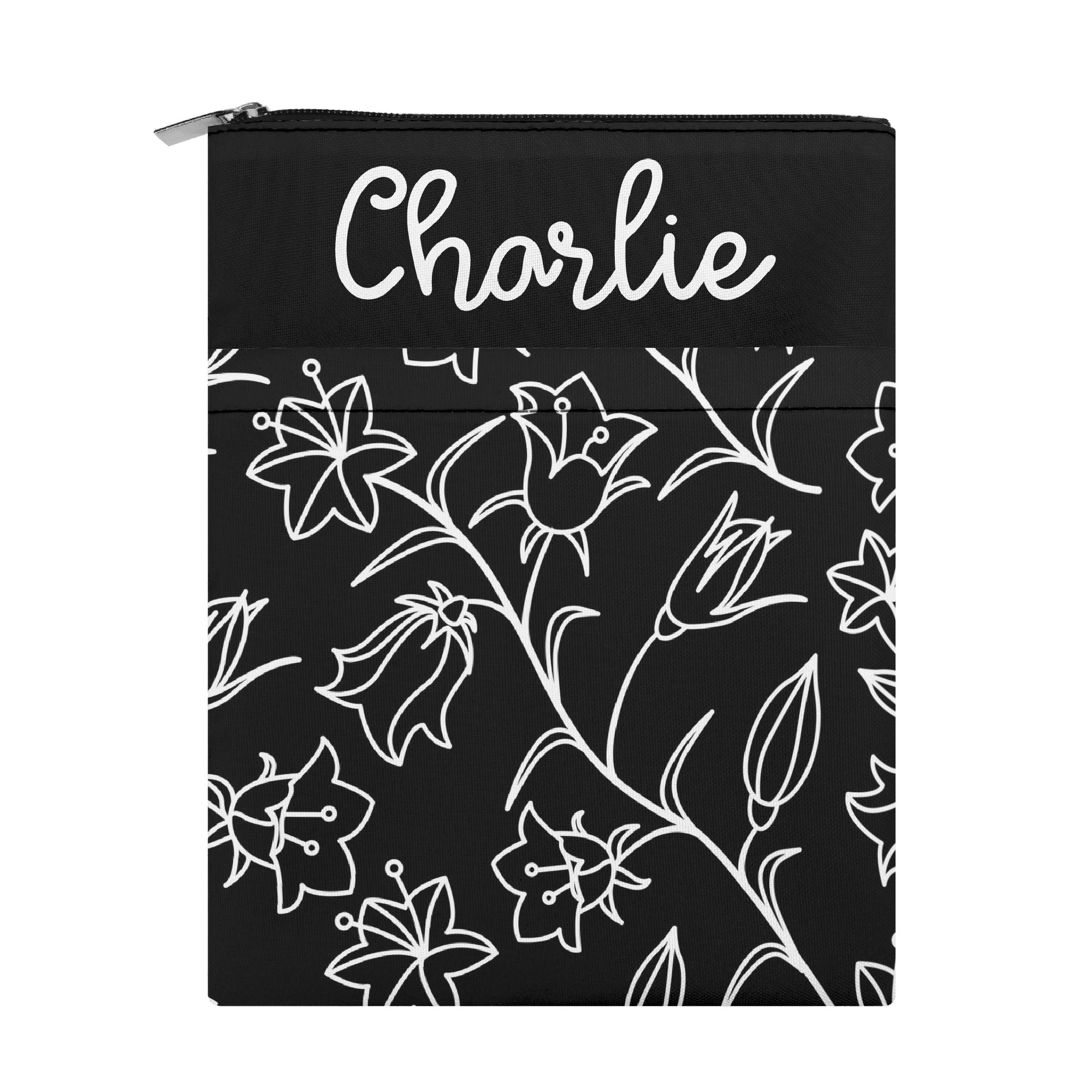 Personalised - Black And White Floral - Book Sleeve / Book Cover Protector with Zipper Personalised Book Sleeve / Cover Plants Printed Offshore