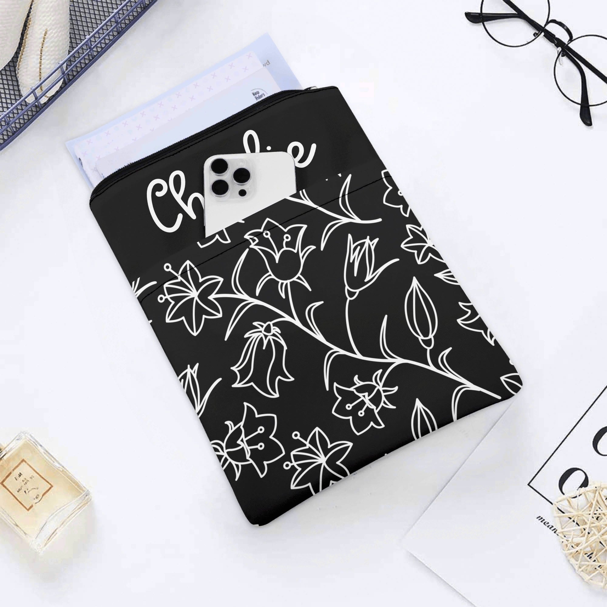 Personalised - Black And White Floral - Book Sleeve / Book Cover Protector with Zipper Personalised Book Sleeve / Cover Plants Printed Offshore