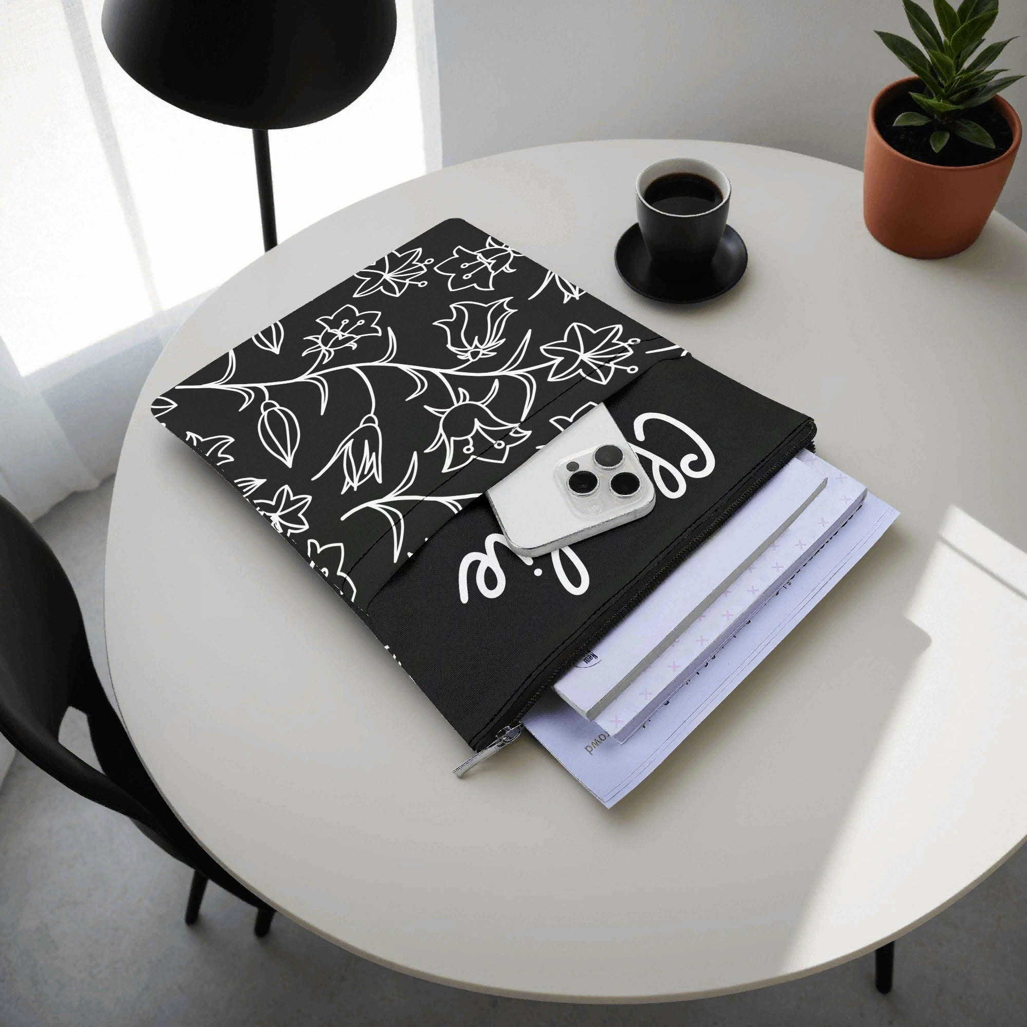 Personalised - Black And White Floral - Book Sleeve / Book Cover Protector with Zipper Personalised Book Sleeve / Cover Plants Printed Offshore