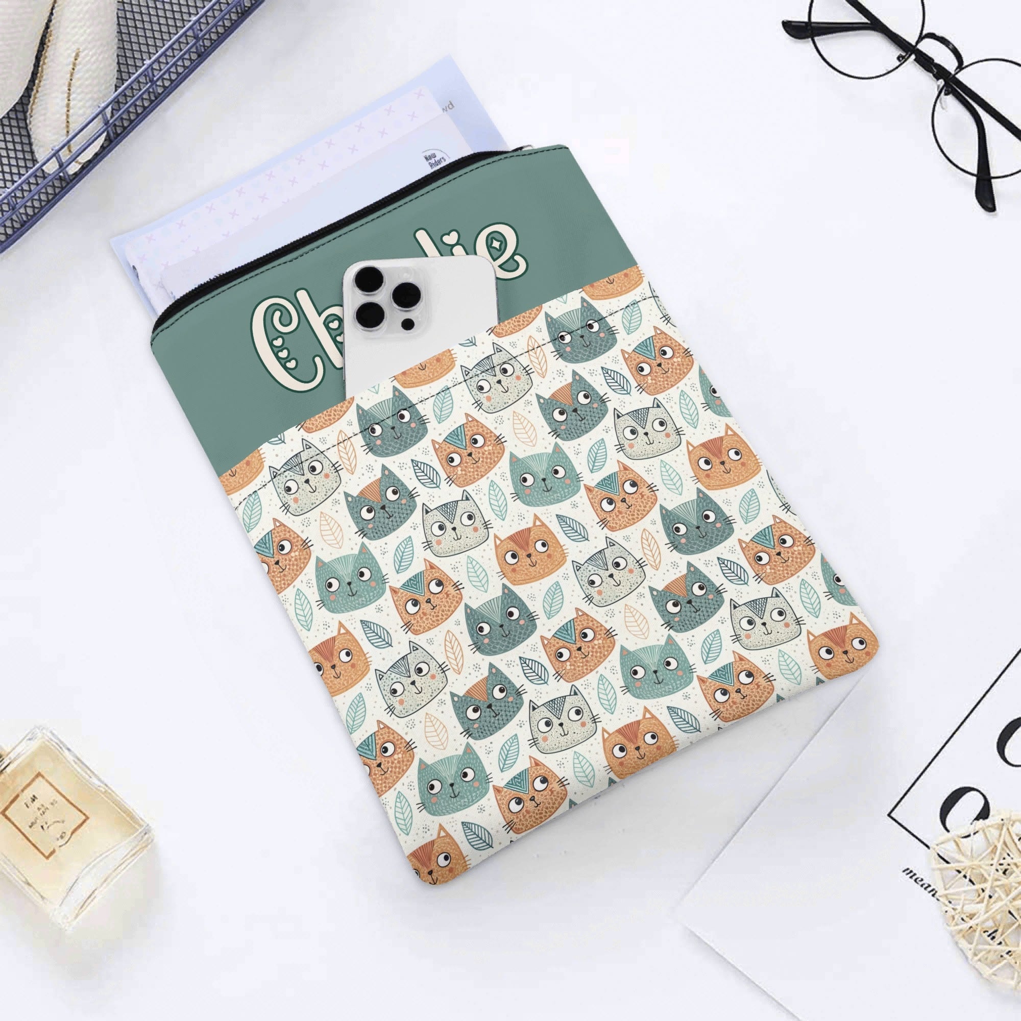 Personalised - Cute Cat Faces - Book Sleeve / Book Cover Protector with Zipper Personalised Book Sleeve / Cover animal Printed Offshore