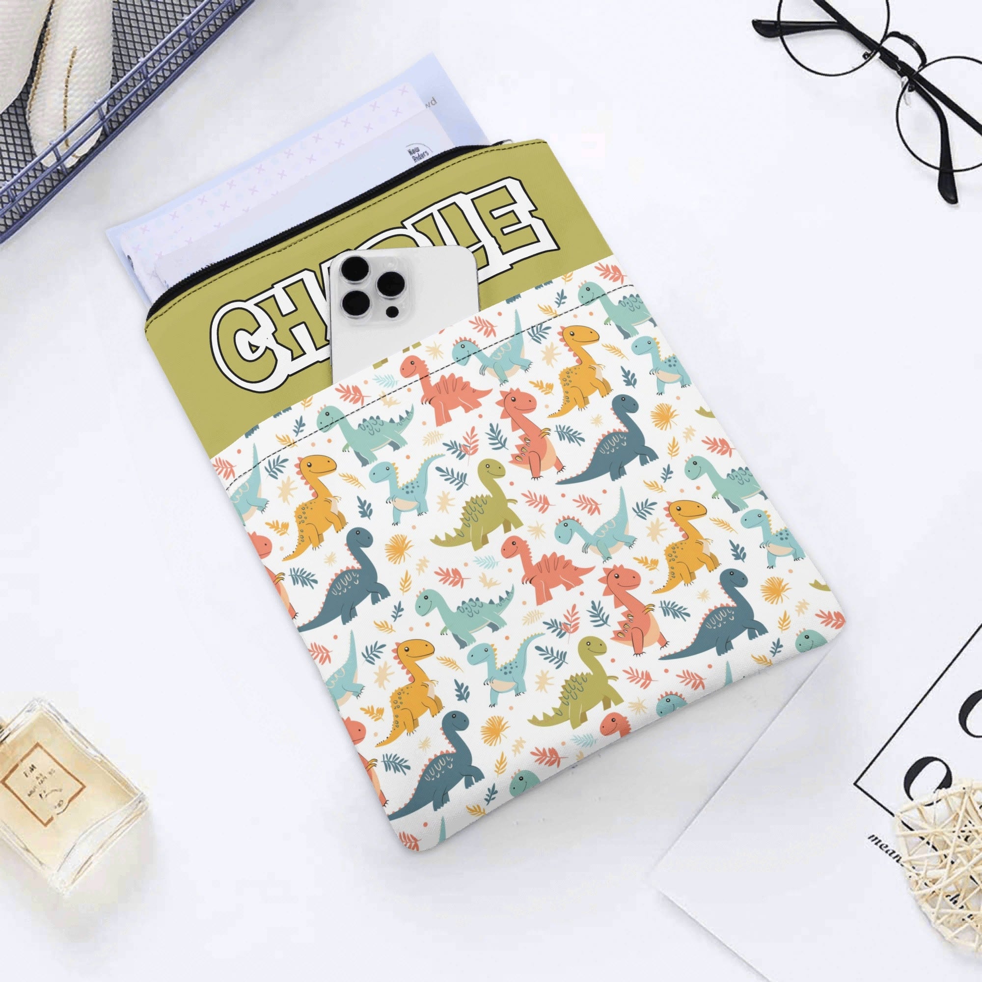 Personalised - Cute Colourful Dinosaurs - Book Sleeve / Book Cover Protector with Zipper Personalised Book Sleeve / Cover animal Printed Offshore