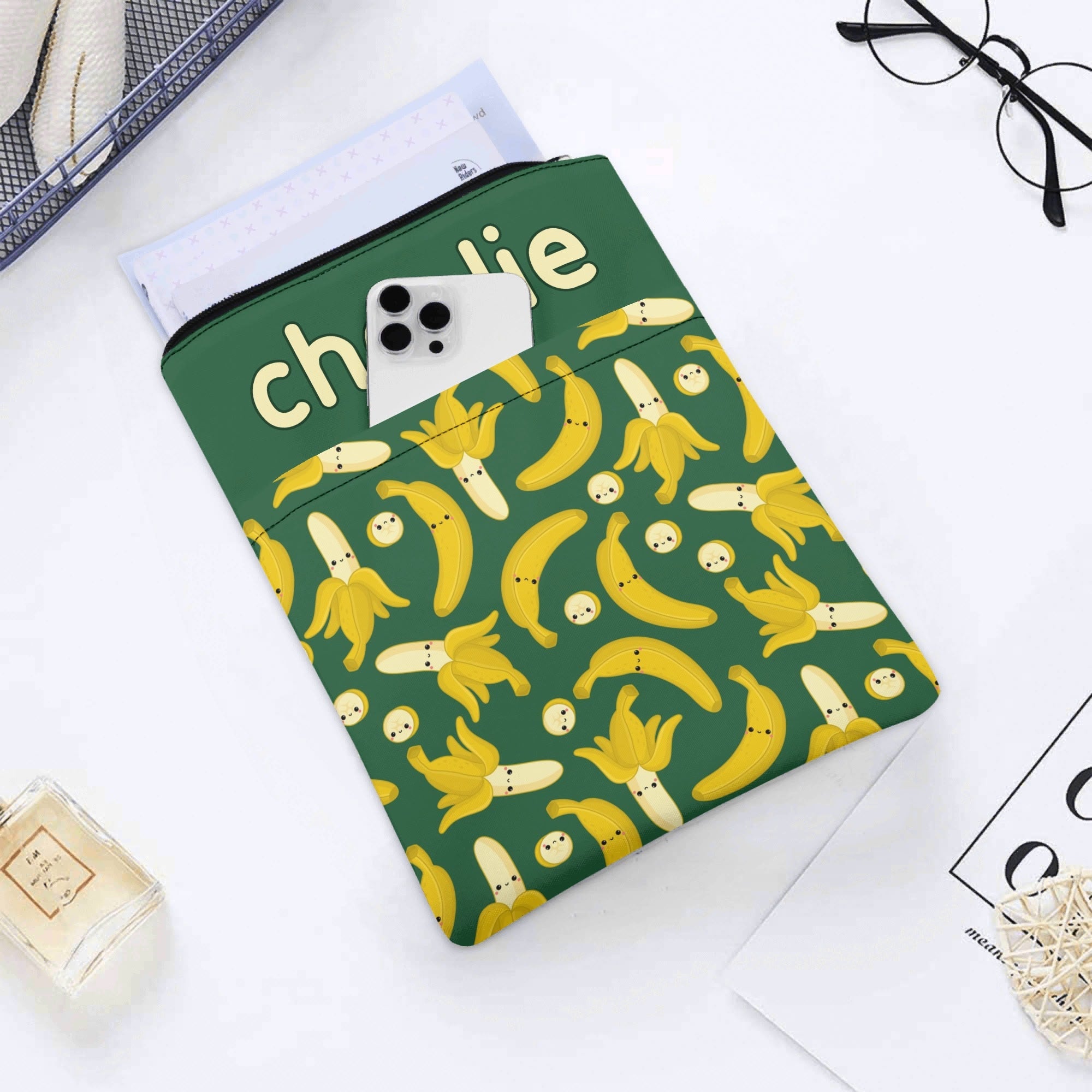 Personalised - Happy Bananas - Book Sleeve / Book Cover Protector with Zipper Personalised Book Sleeve / Cover Food Printed Offshore