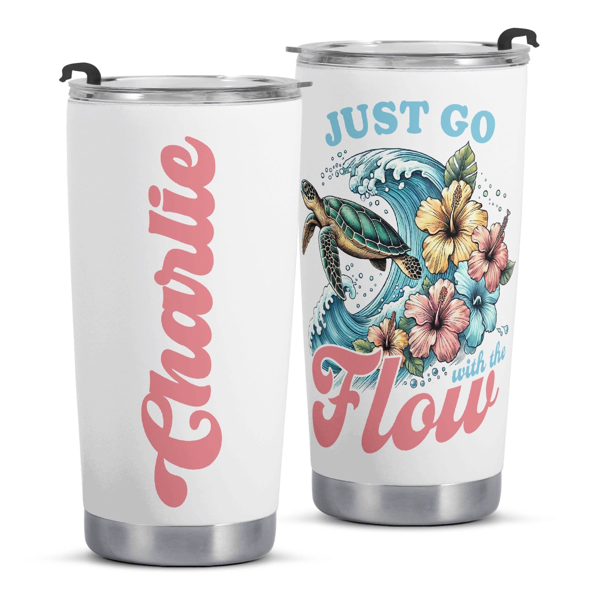 Personalised - Just Go With The Flow, Ocean Turtle - Stainless Steel 20oz Travel Mug Personalised 20oz Travel Mug Ocean Printed Offshore