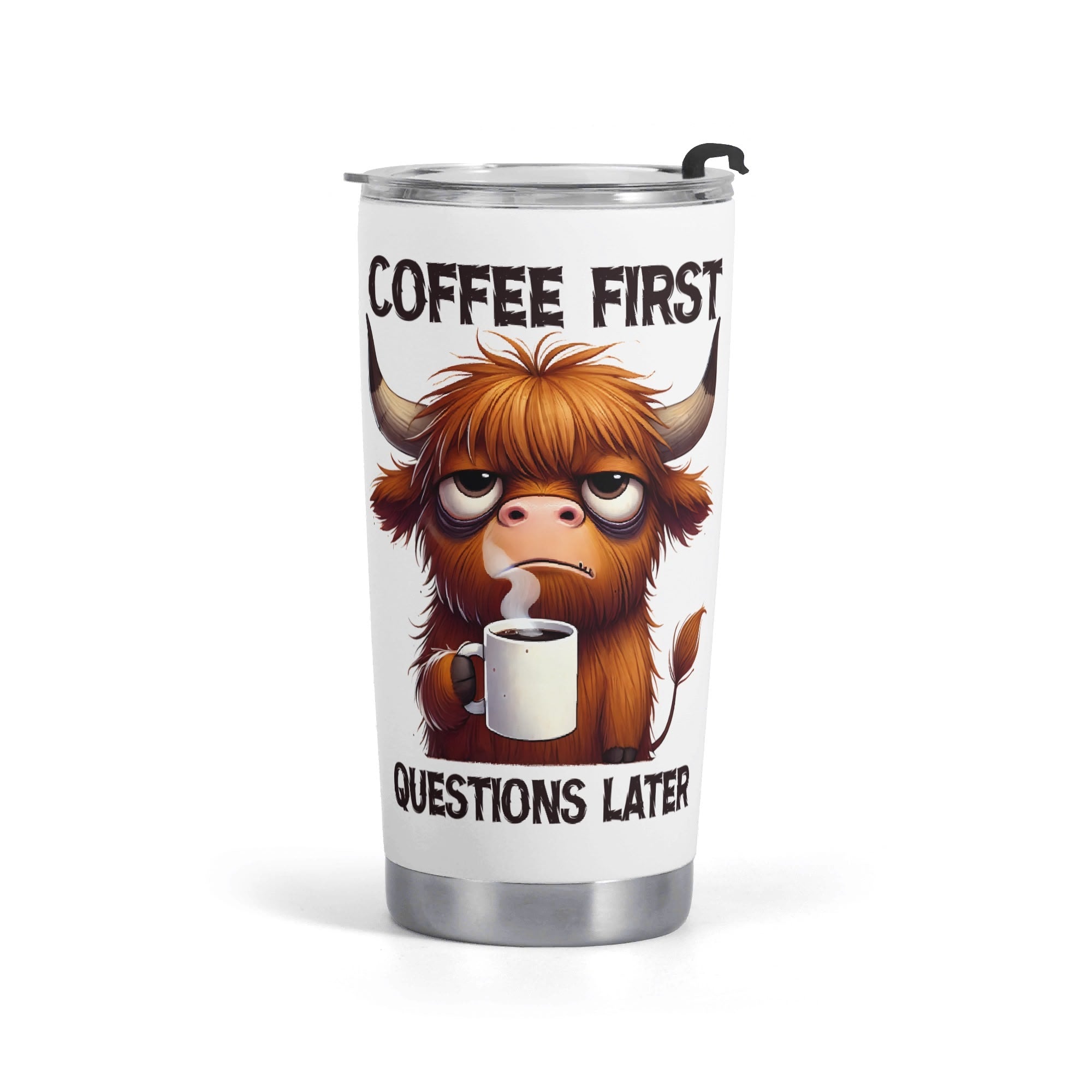 Personalised - Coffee First, Questions Later, Highland Cow - Stainless Steel 20oz Travel Mug Default Title Personalised 20oz Travel Mug animal Coffee Printed Offshore