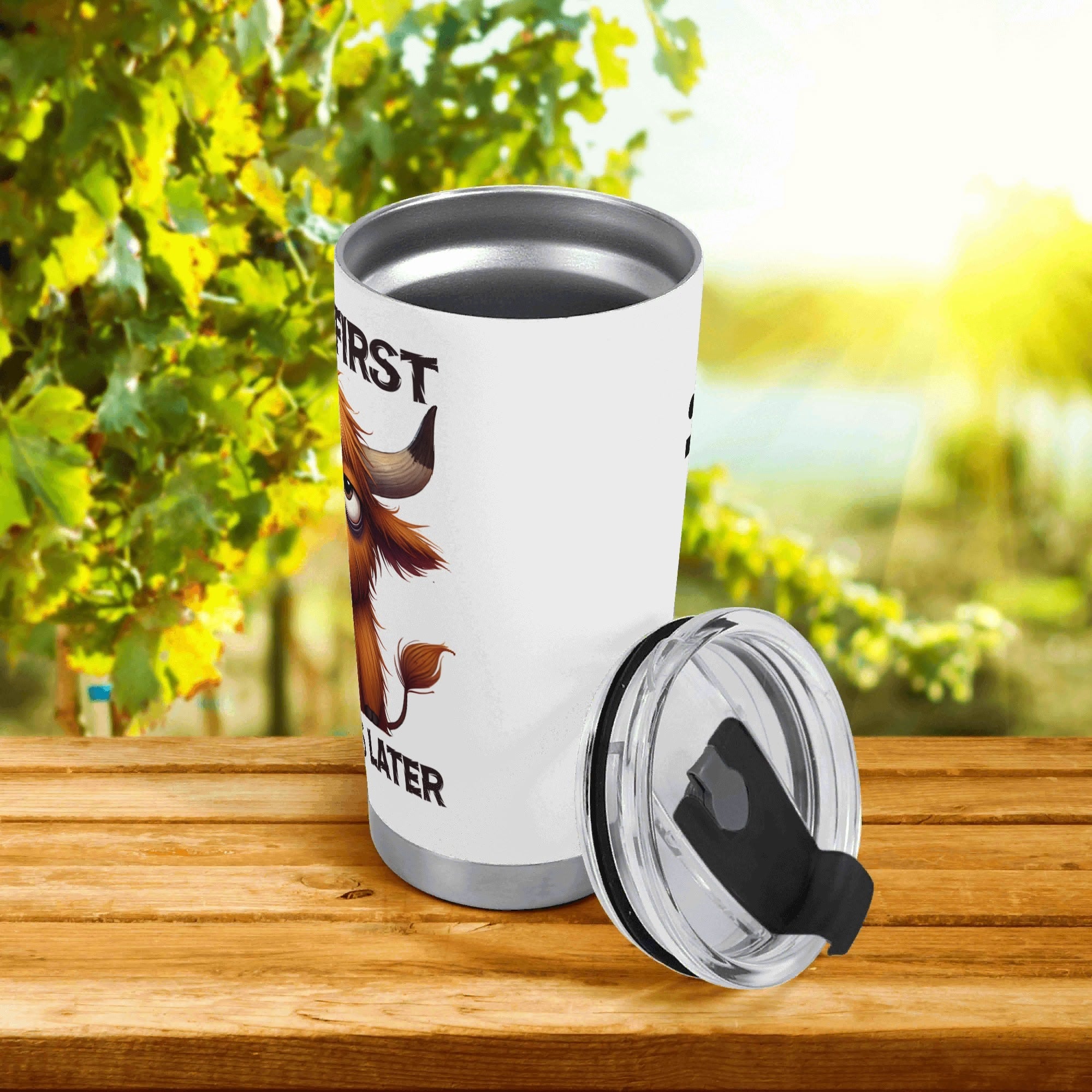 Personalised - Coffee First, Questions Later, Highland Cow - Stainless Steel 20oz Travel Mug Personalised 20oz Travel Mug animal Coffee Printed Offshore