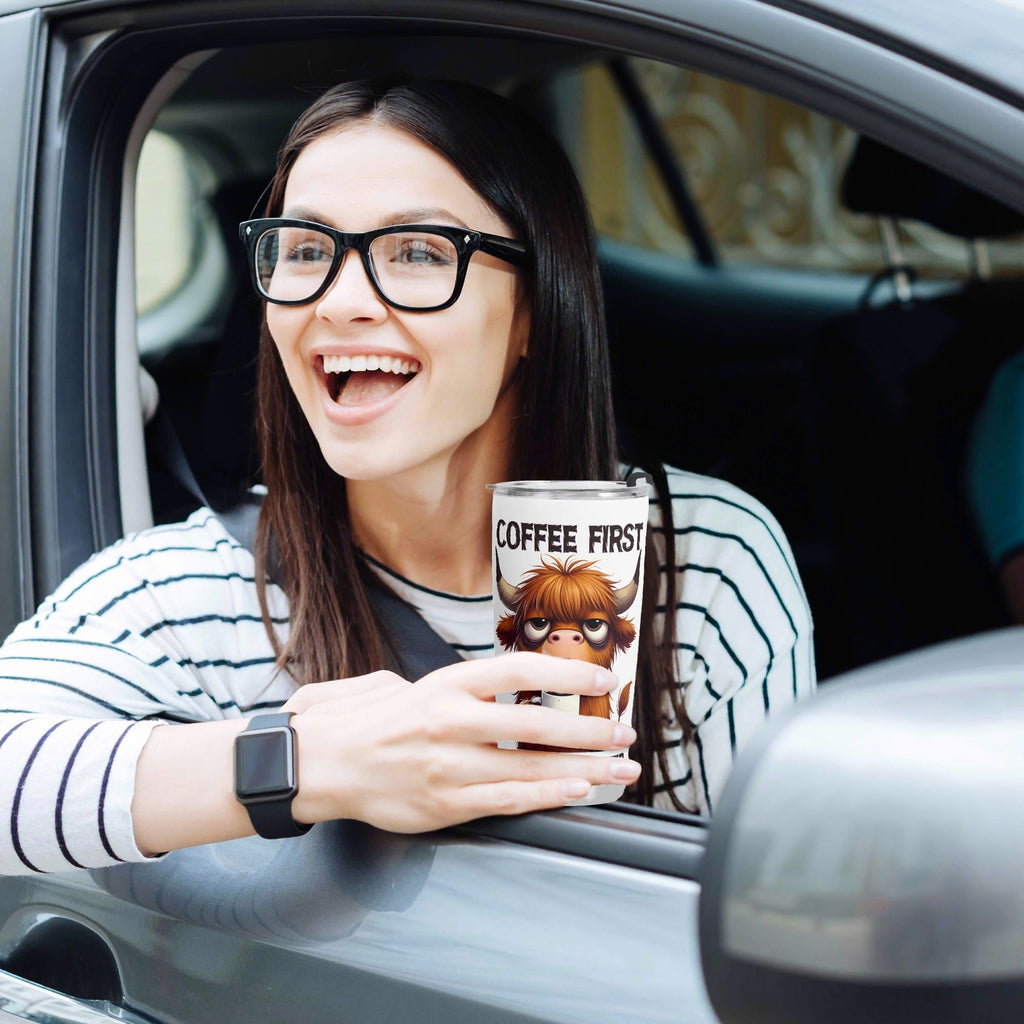 Personalised - Coffee First, Questions Later, Highland Cow - Stainless Steel 20oz Travel Mug Personalised 20oz Travel Mug animal Coffee Printed Offshore