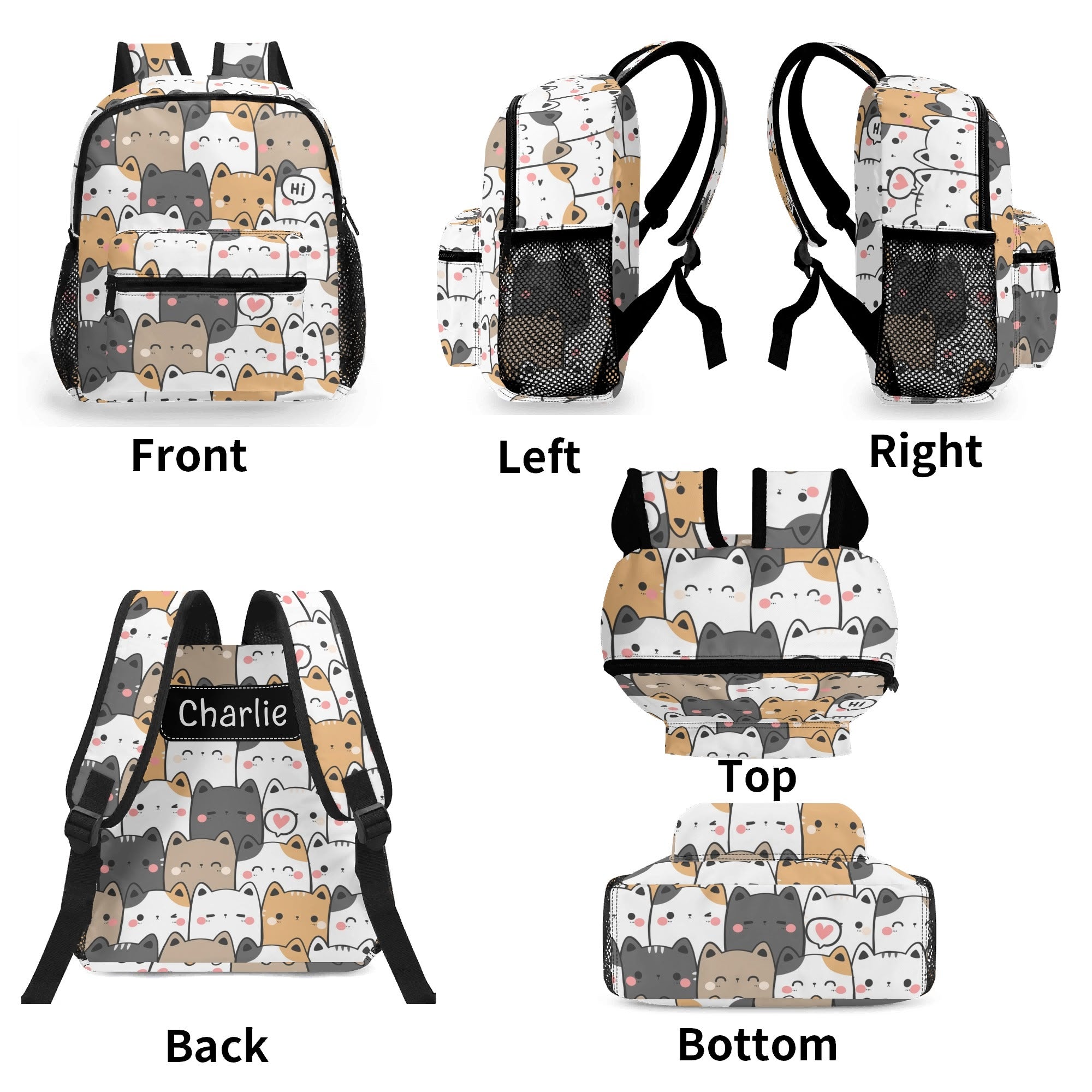 Personalised - Cat Hi - Small Kids Backpack, Name On Back Personalised Small Kids Backpack animal Printed Offshore