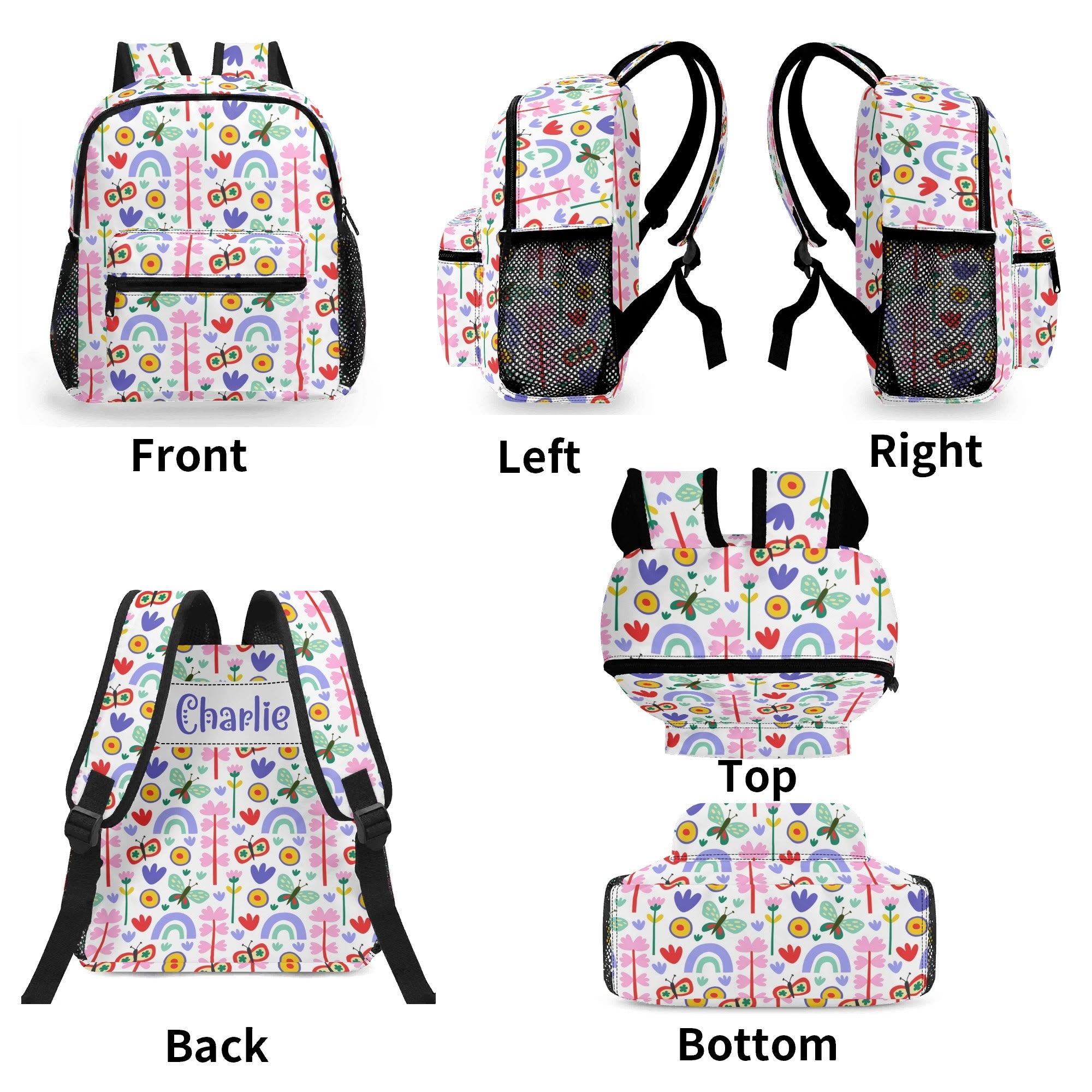 Personalised - Rainbows And Butterflies - Small Kids Backpack, Name On Back Personalised Small Kids Backpack Printed Offshore