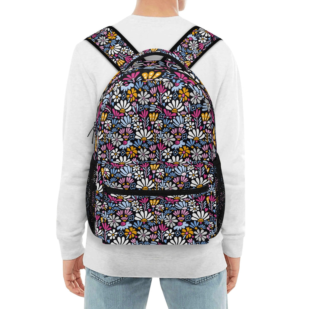 Graphic Flowers On Black 15 Inch School Backpack School Backpack Plants Printed Offshore