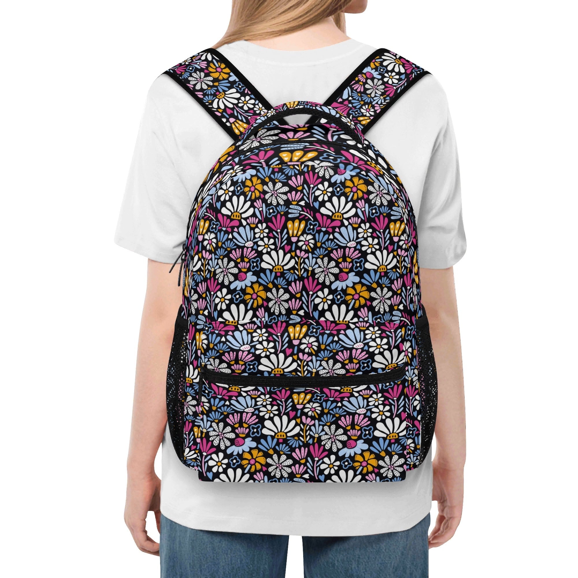 Graphic Flowers On Black 15 Inch School Backpack School Backpack Plants Printed Offshore