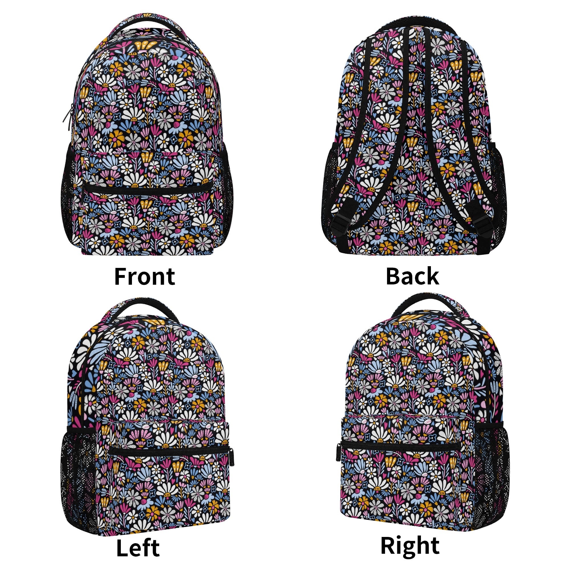 Graphic Flowers On Black 15 Inch School Backpack School Backpack Plants Printed Offshore