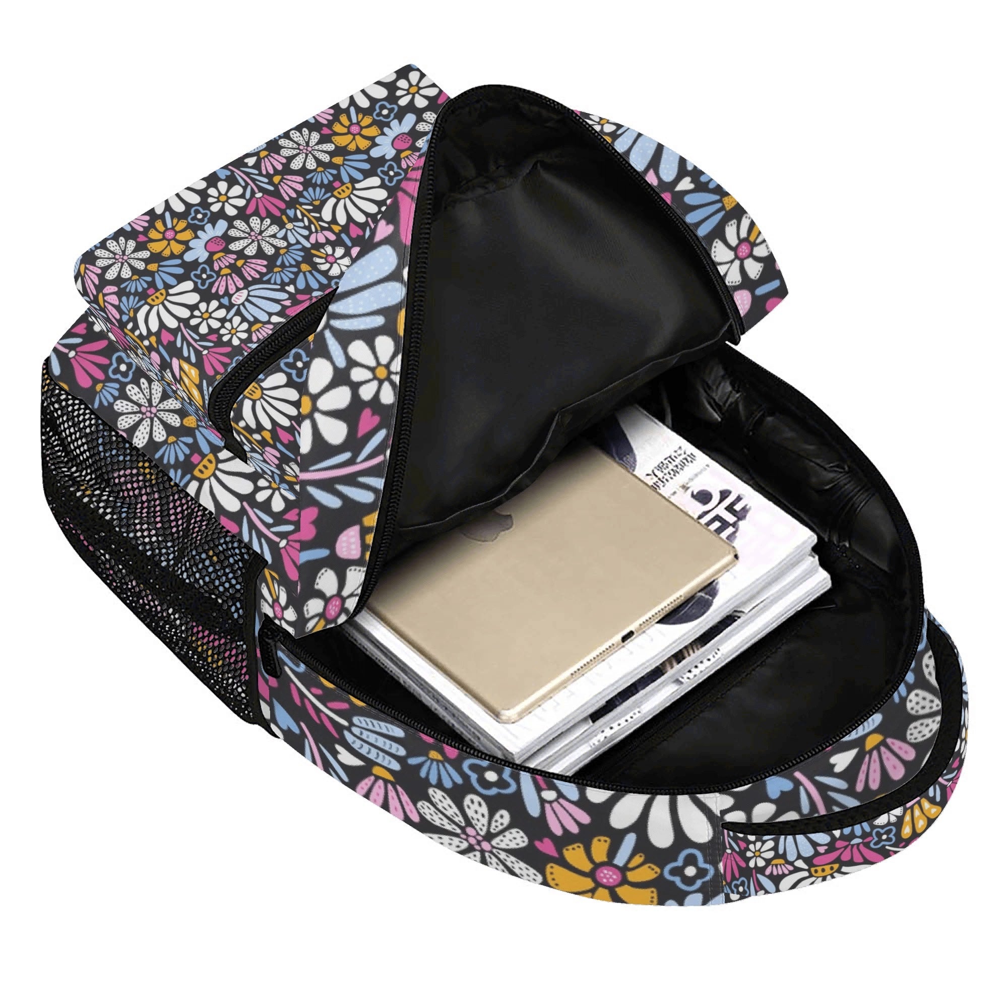 Graphic Flowers On Black 15 Inch School Backpack School Backpack Plants Printed Offshore