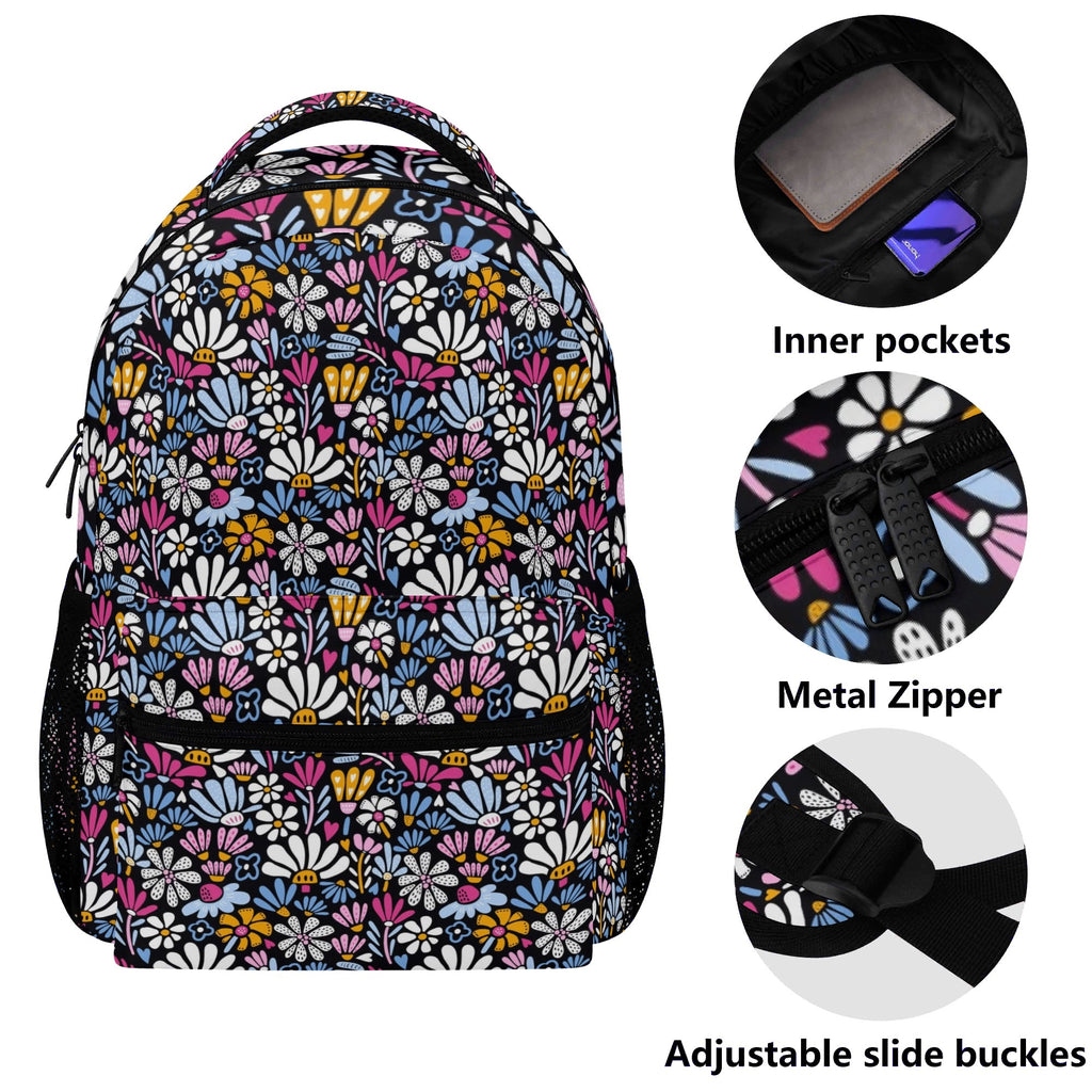 Graphic Flowers On Black 15 Inch School Backpack School Backpack Plants Printed Offshore