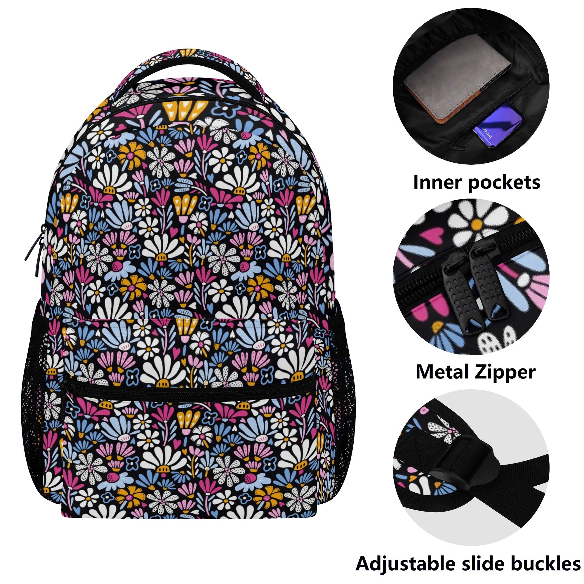 Graphic Flowers On Black 15 Inch School Backpack School Backpack Plants Printed Offshore