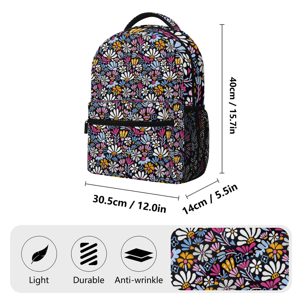 Graphic Flowers On Black 15 Inch School Backpack School Backpack Plants Printed Offshore
