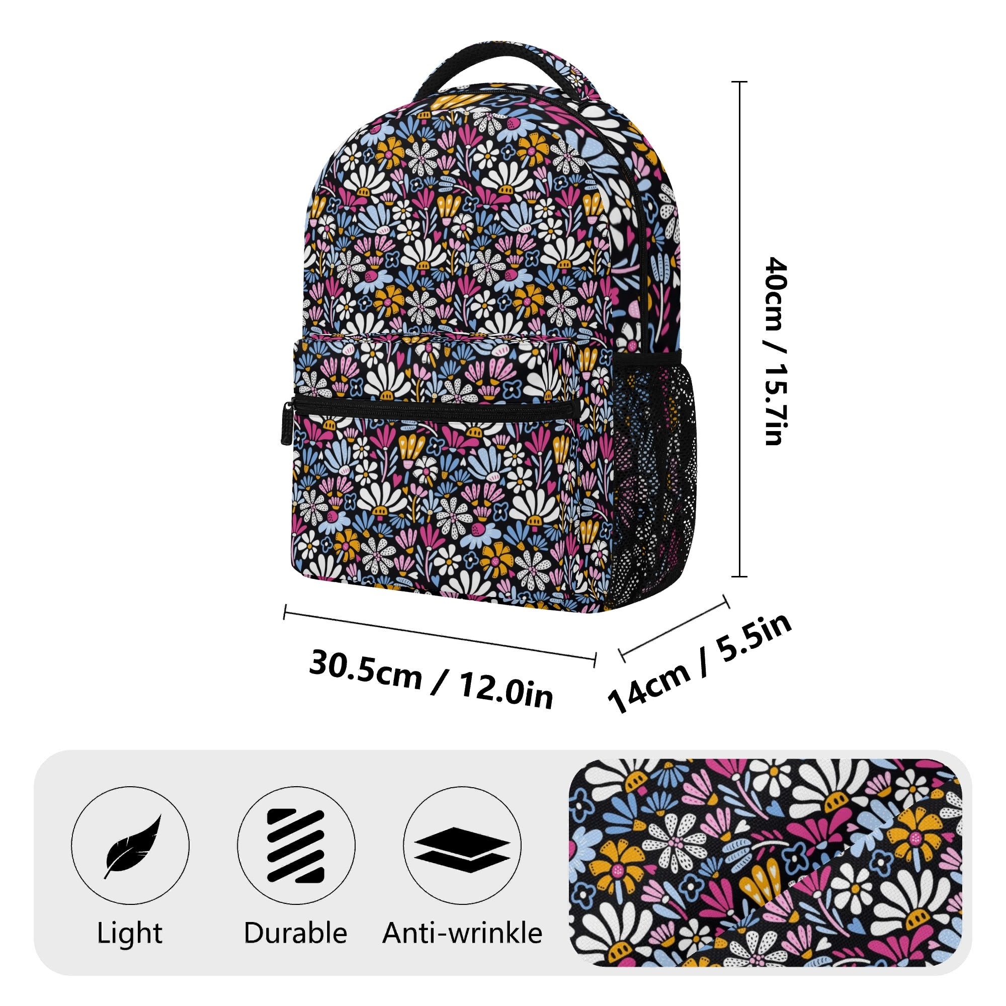 Graphic Flowers On Black 15 Inch School Backpack School Backpack Plants Printed Offshore