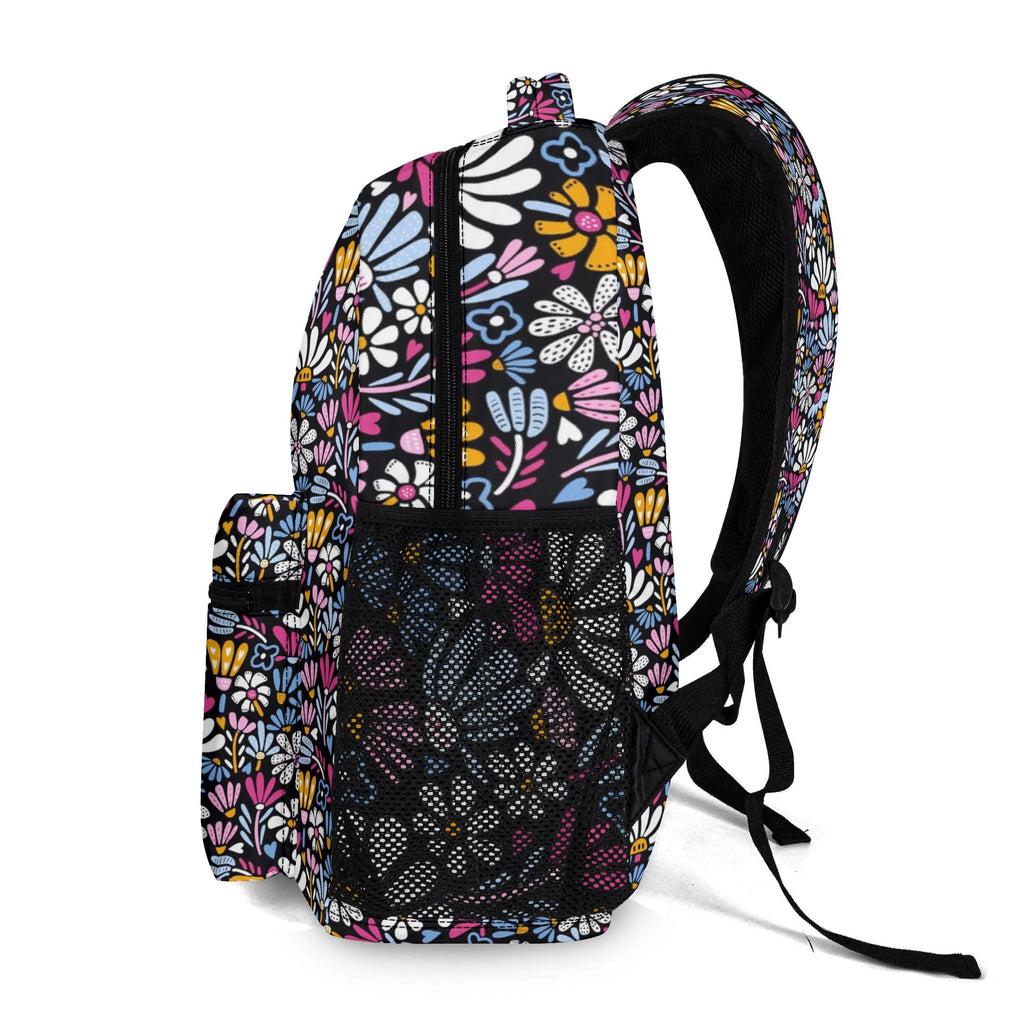 Graphic Flowers On Black 15 Inch School Backpack School Backpack Plants Printed Offshore