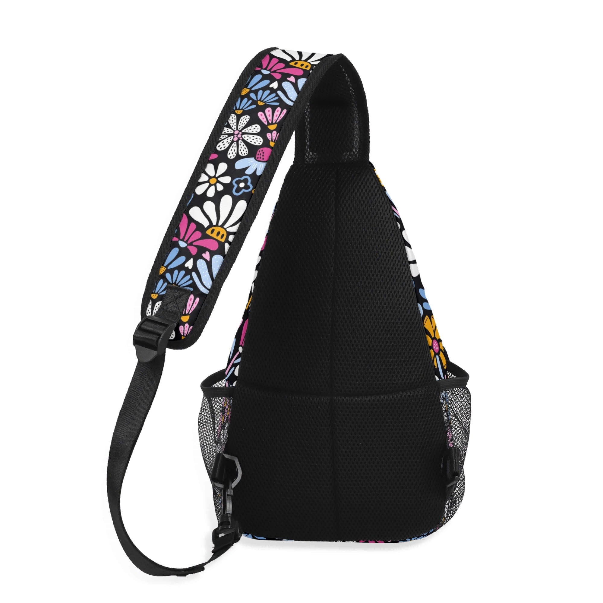 Graphic Flowers On Black - Chest Crossbody Bag with Adjustable Strap Chest Crossbody Bag Plants Printed Offshore
