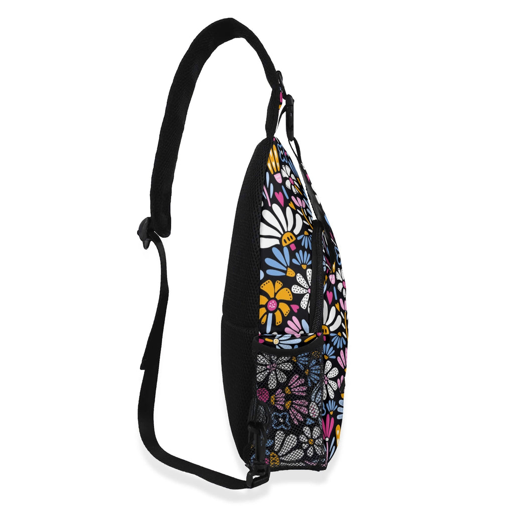 Graphic Flowers On Black Chest Crossbody Bag with Adjustable Strap Chest Crossbody Bag Plants Printed Offshore