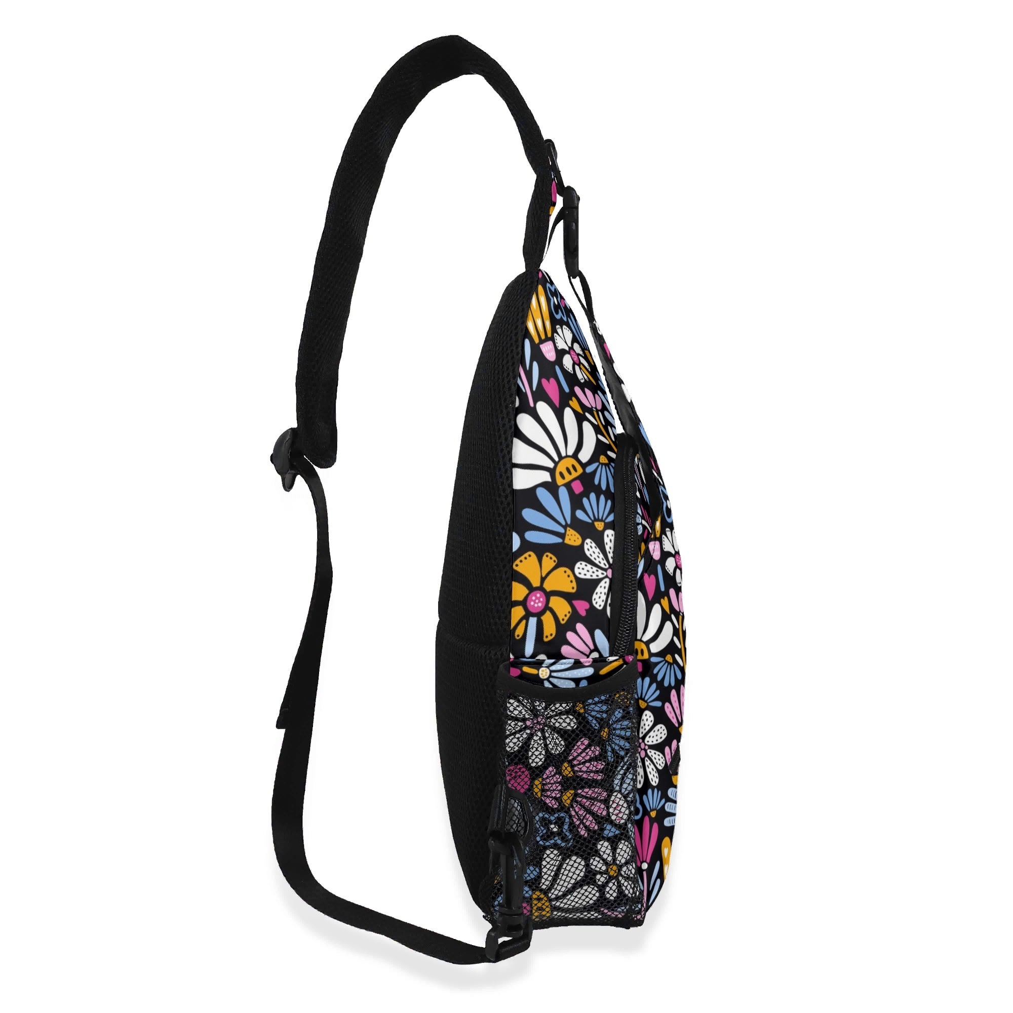 Graphic Flowers On Black Chest Crossbody Bag with Adjustable Strap Chest Crossbody Bag Plants Printed Offshore