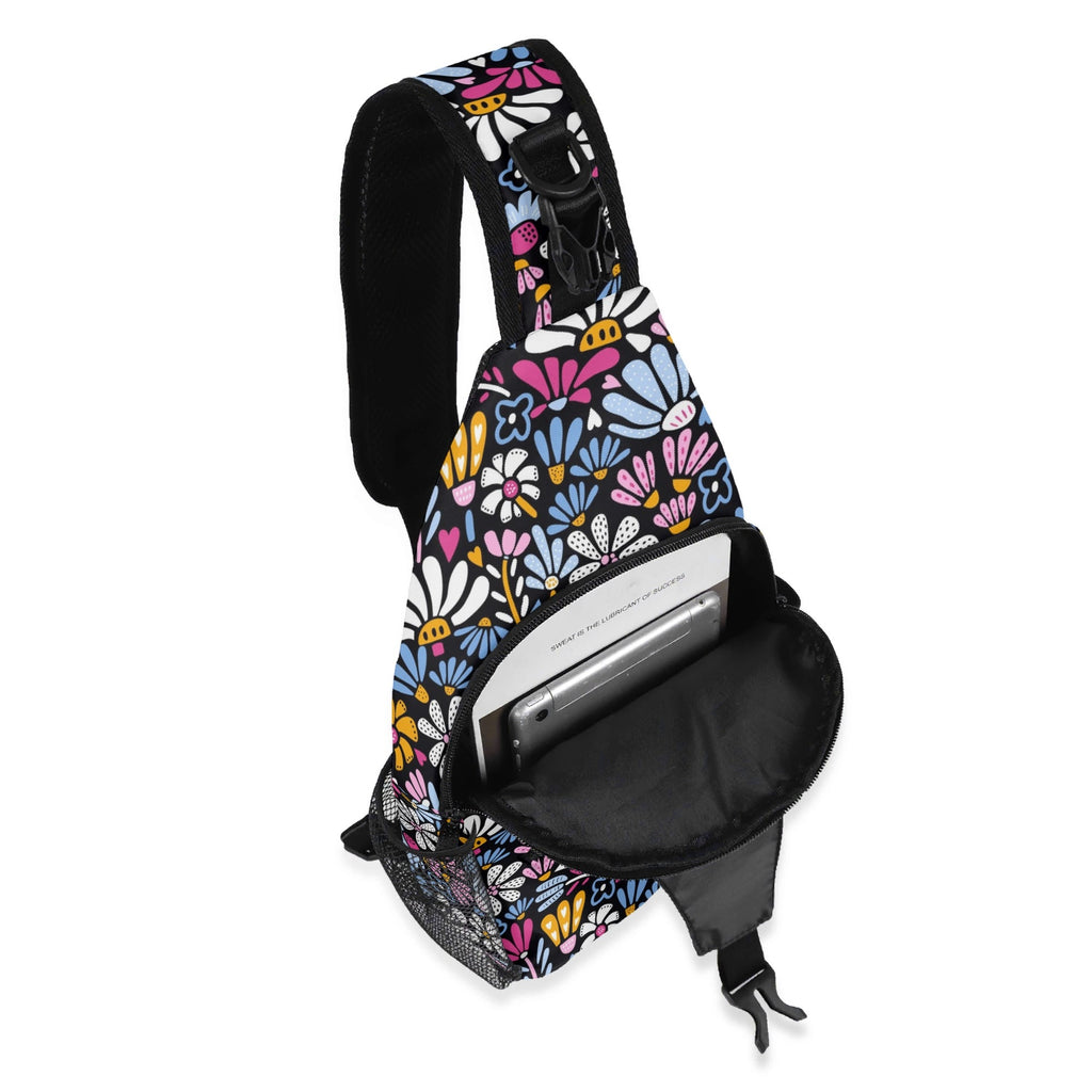 Graphic Flowers On Black Chest Crossbody Bag with Adjustable Strap Chest Crossbody Bag Plants Printed Offshore