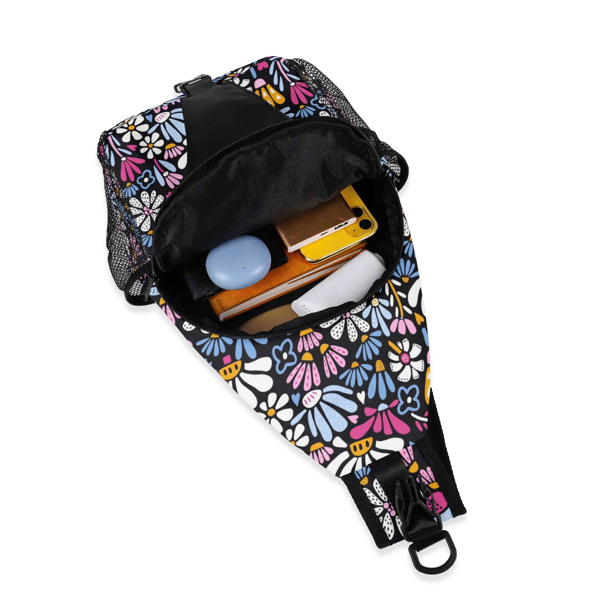 Graphic Flowers On Black - Chest Crossbody Bag with Adjustable Strap Chest Crossbody Bag Plants Printed Offshore