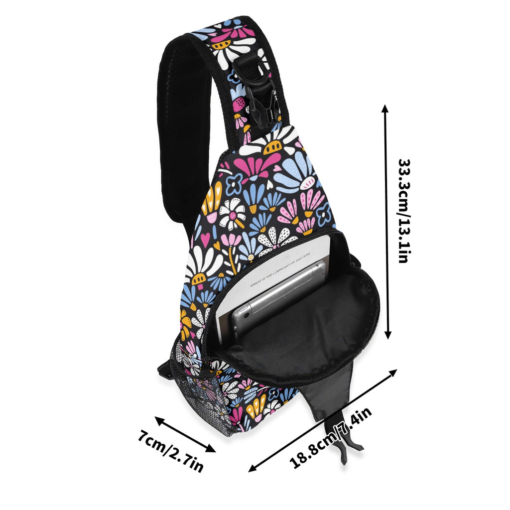 Graphic Flowers On Black Chest Crossbody Bag with Adjustable Strap Chest Crossbody Bag Plants Printed Offshore