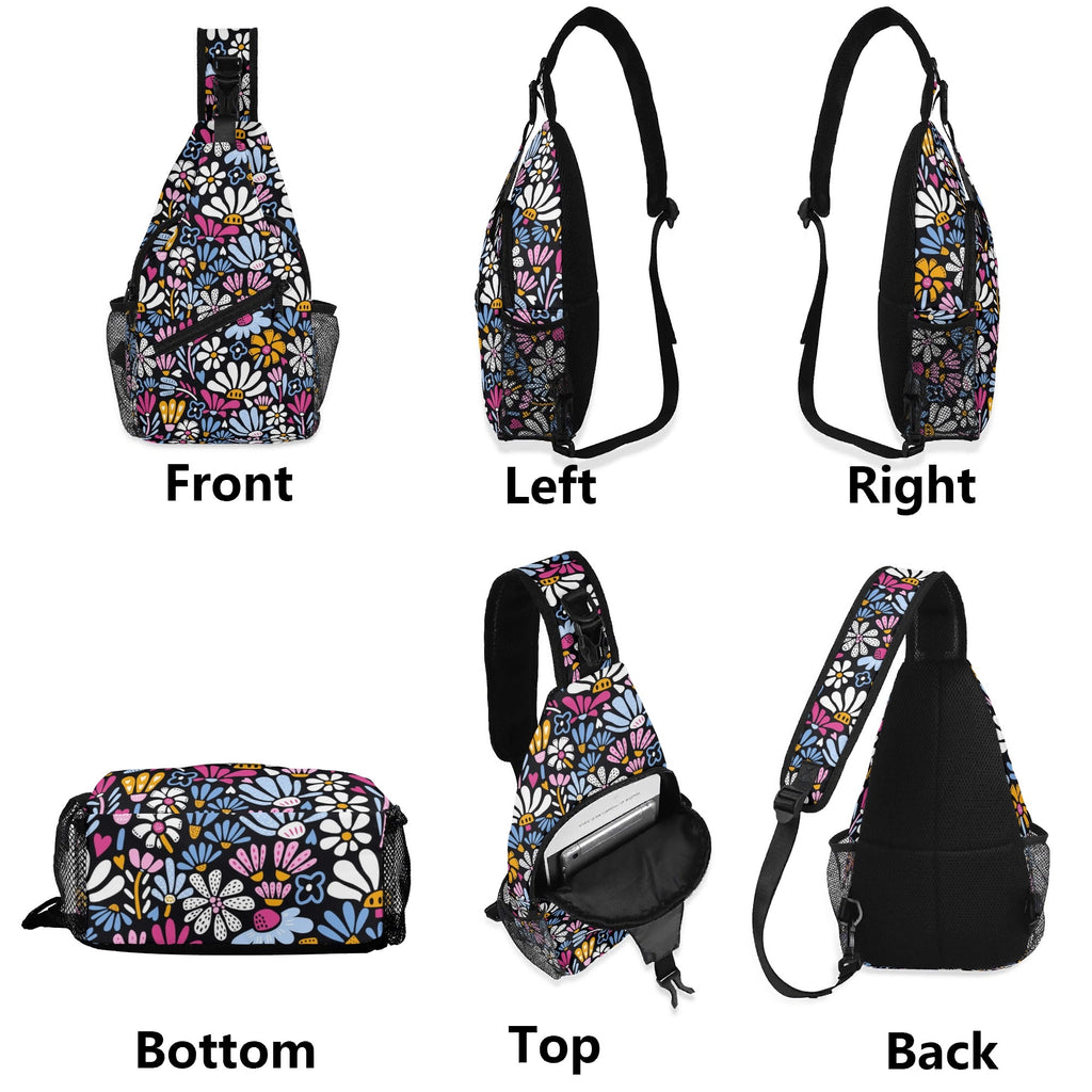 Graphic Flowers On Black Chest Crossbody Bag with Adjustable Strap Chest Crossbody Bag Plants Printed Offshore
