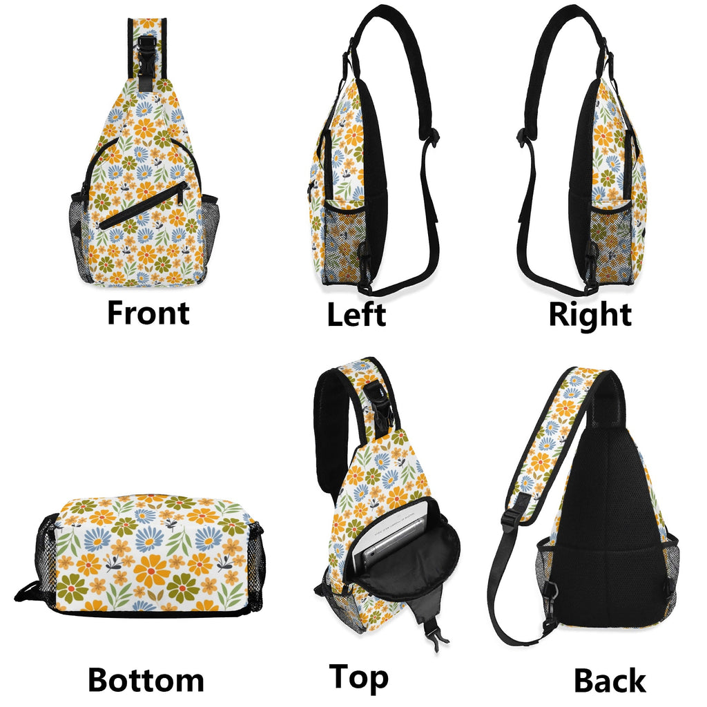 Retro Boho Flowers Chest Crossbody Bag with Adjustable Strap Chest Crossbody Bag Plants Printed Offshore